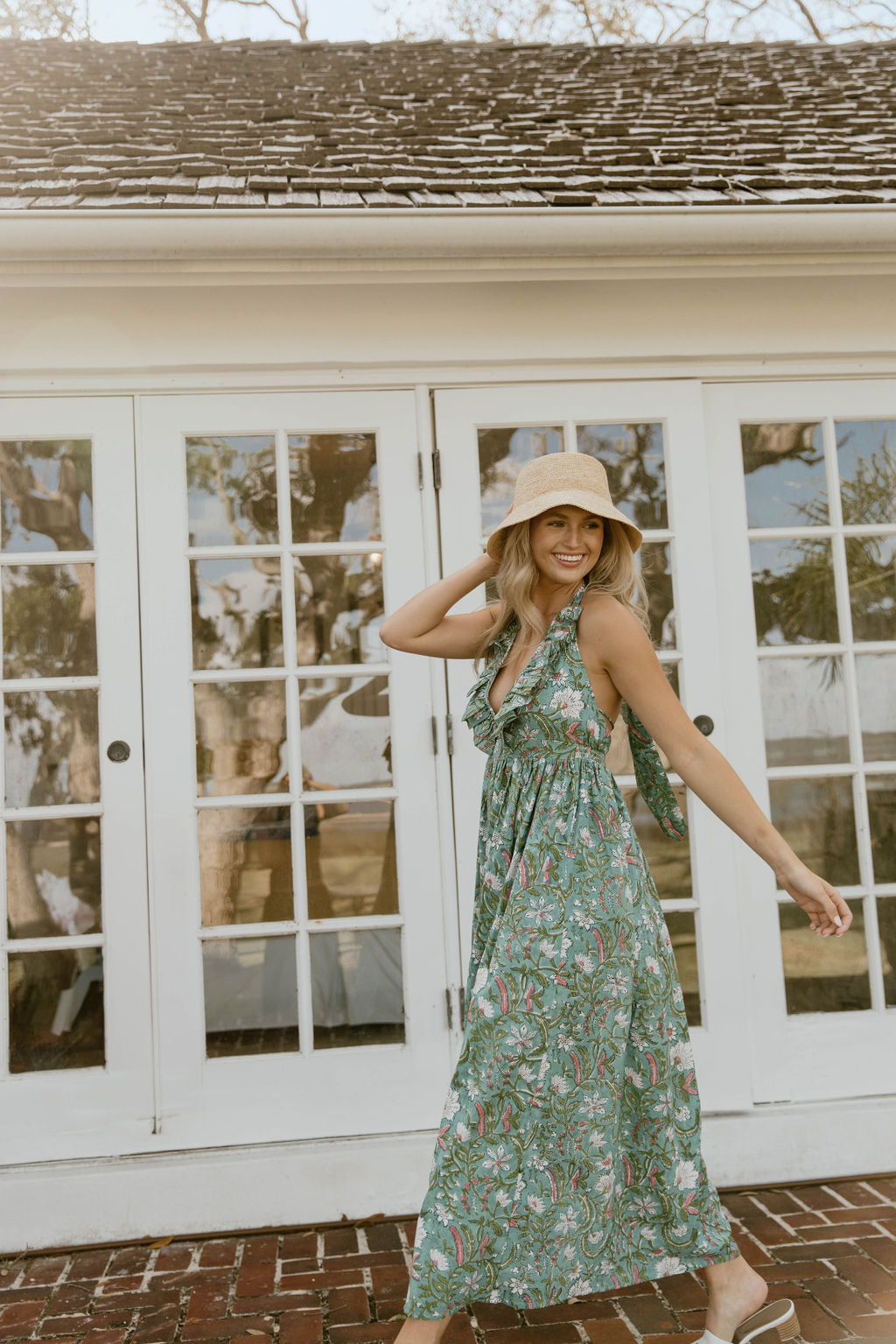 Miranda Floral Maxi Frill Dress - Teal/Pink