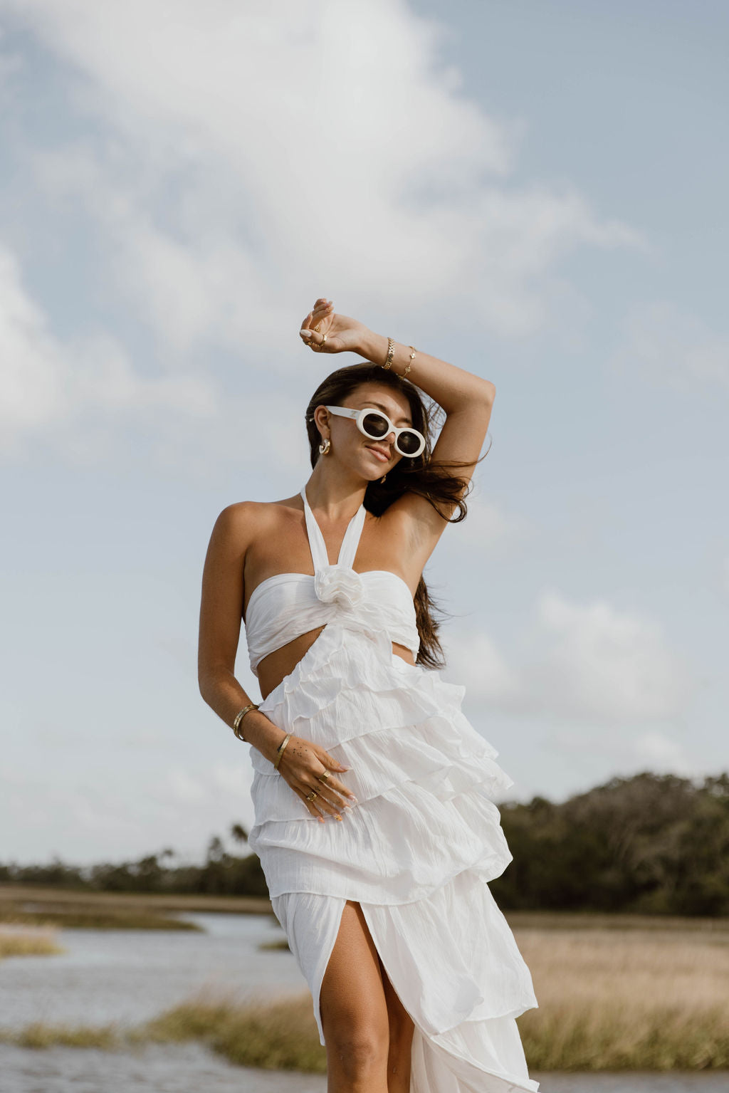 Gabbi Floral Ruffle Cutout Maxi Dress - Off White