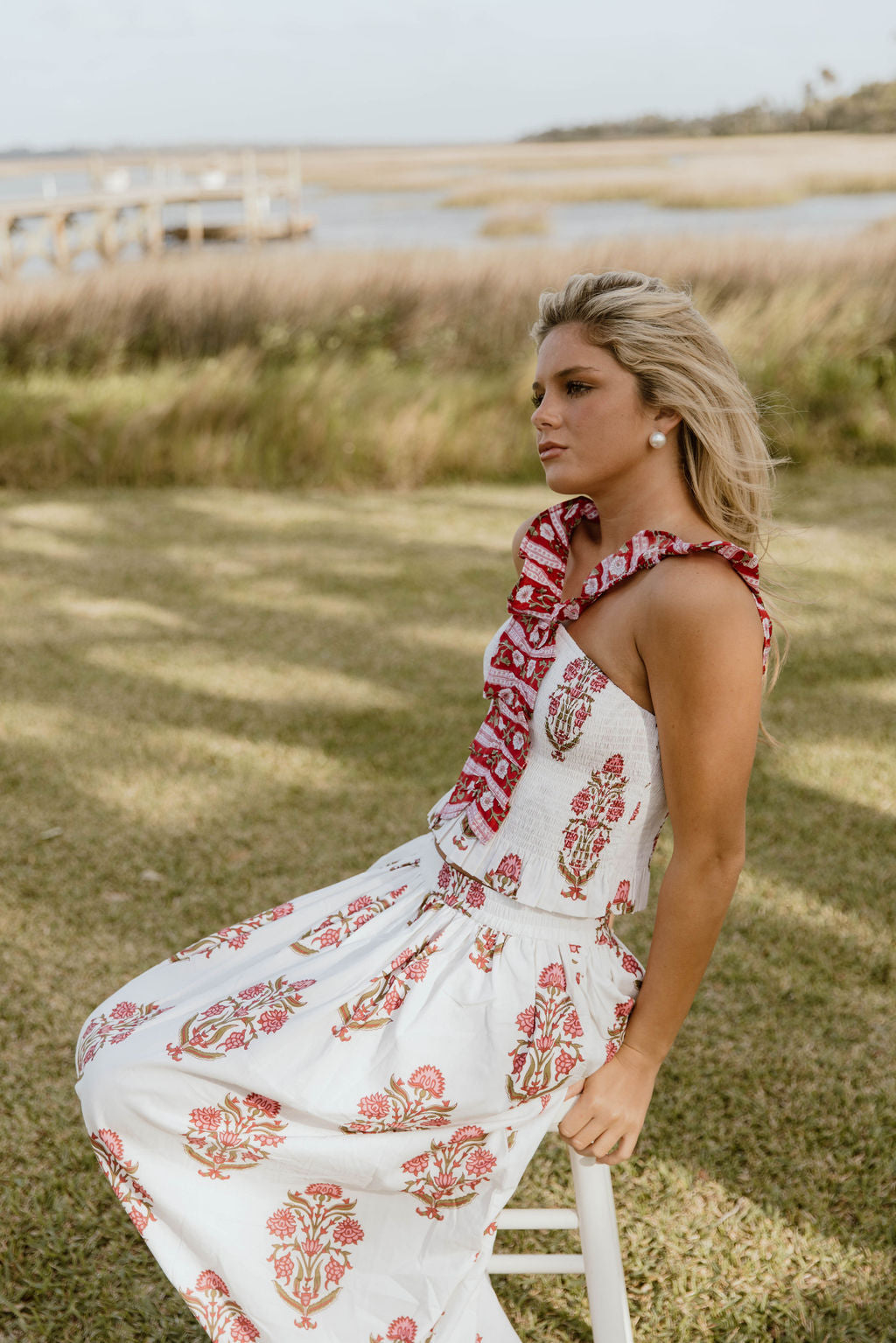 Riley Floral Ruffle Skirt Top Set - White/Red