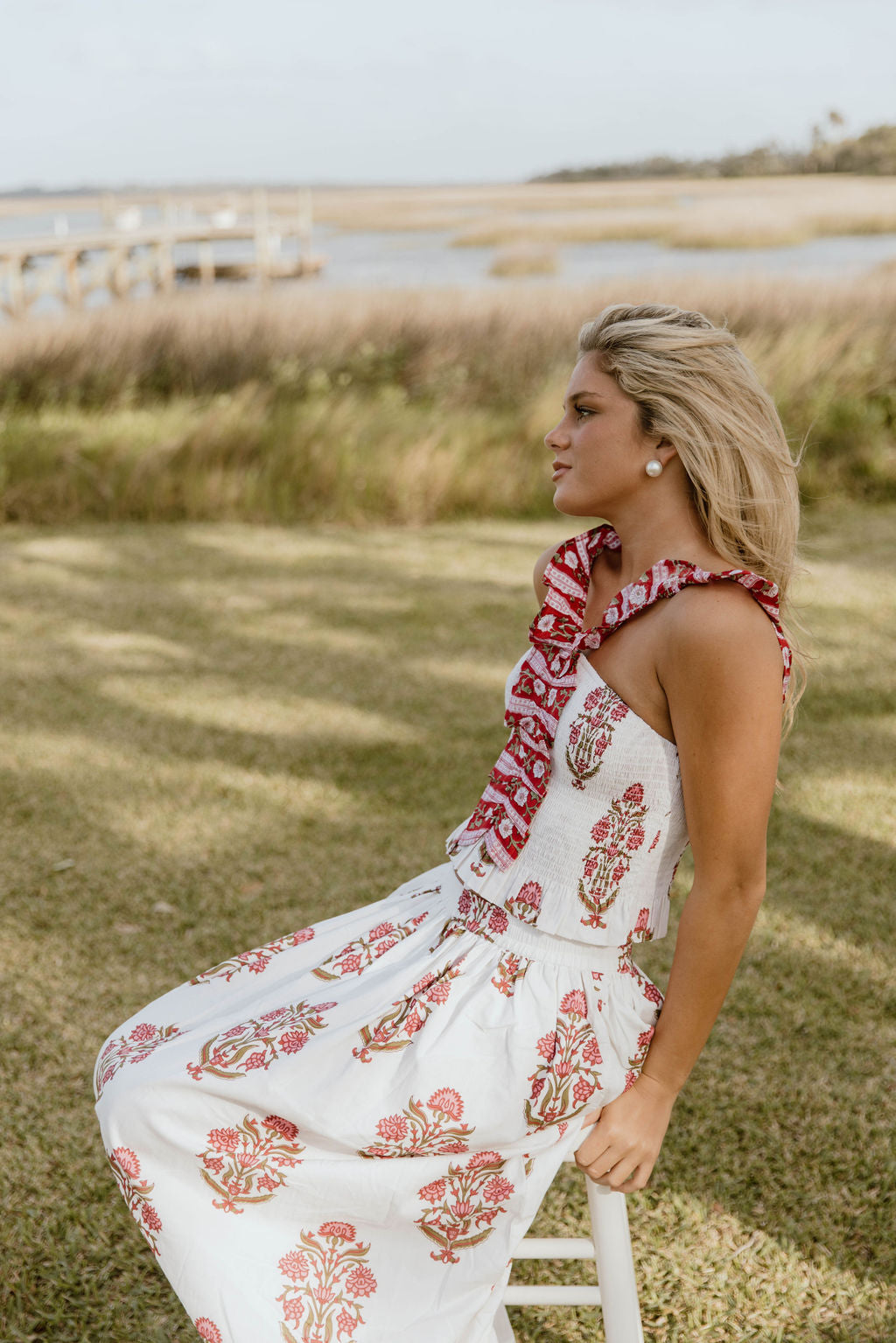 Riley Floral Ruffle Skirt Top Set - White/Red