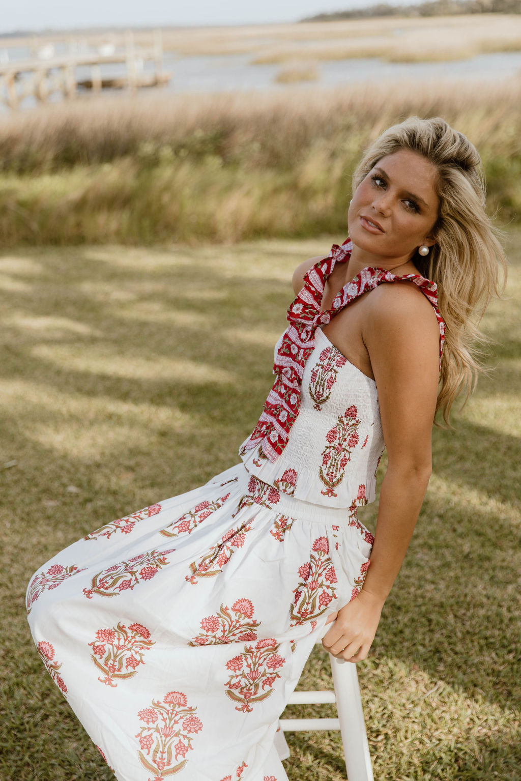 Riley Floral Ruffle Skirt Top Set - White/Red
