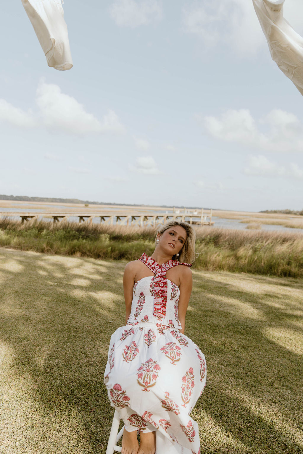 Riley Floral Ruffle Skirt Top Set - White/Red