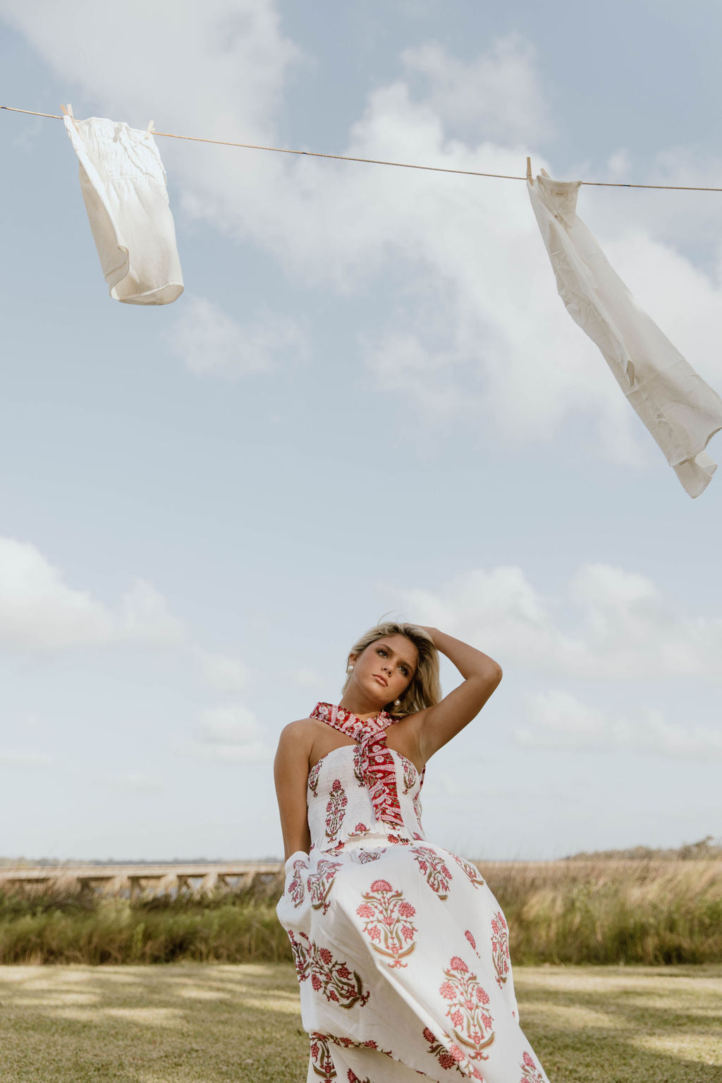Riley Floral Ruffle Skirt Top Set - White/Red