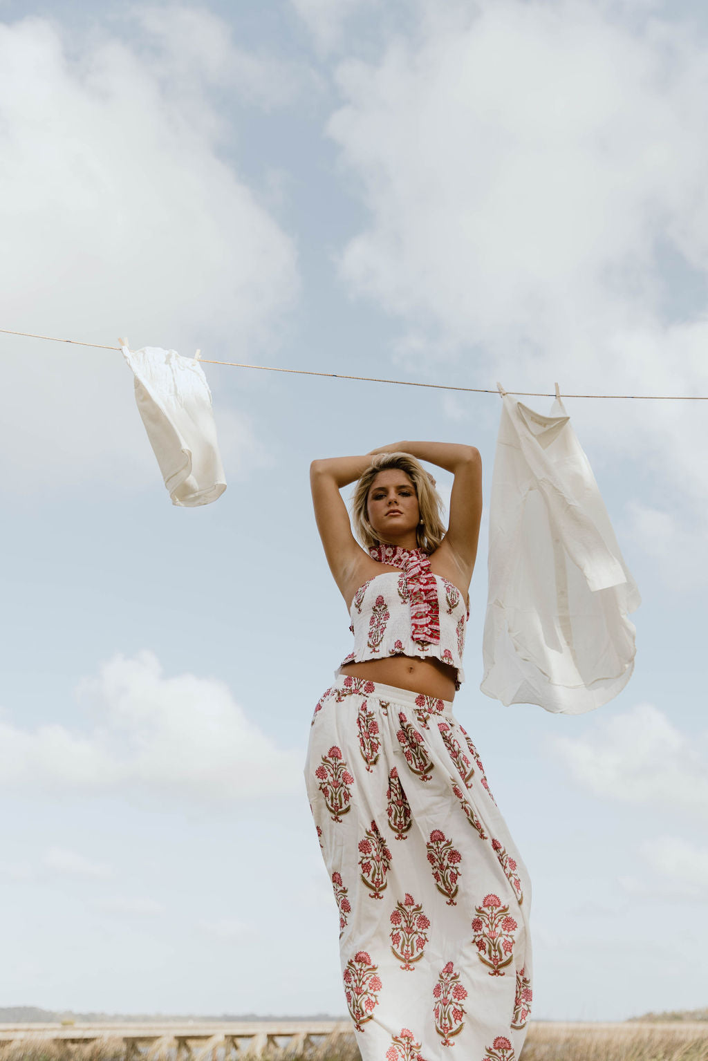 Riley Floral Ruffle Skirt Top Set - White/Red