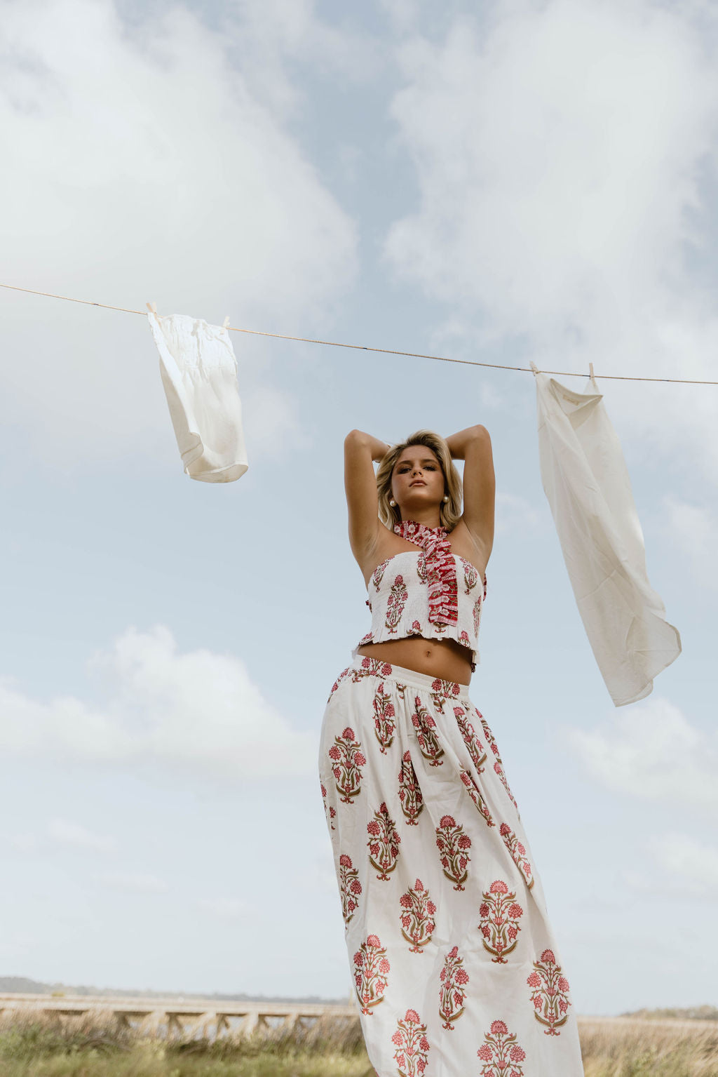 Riley Floral Ruffle Skirt Top Set - White/Red