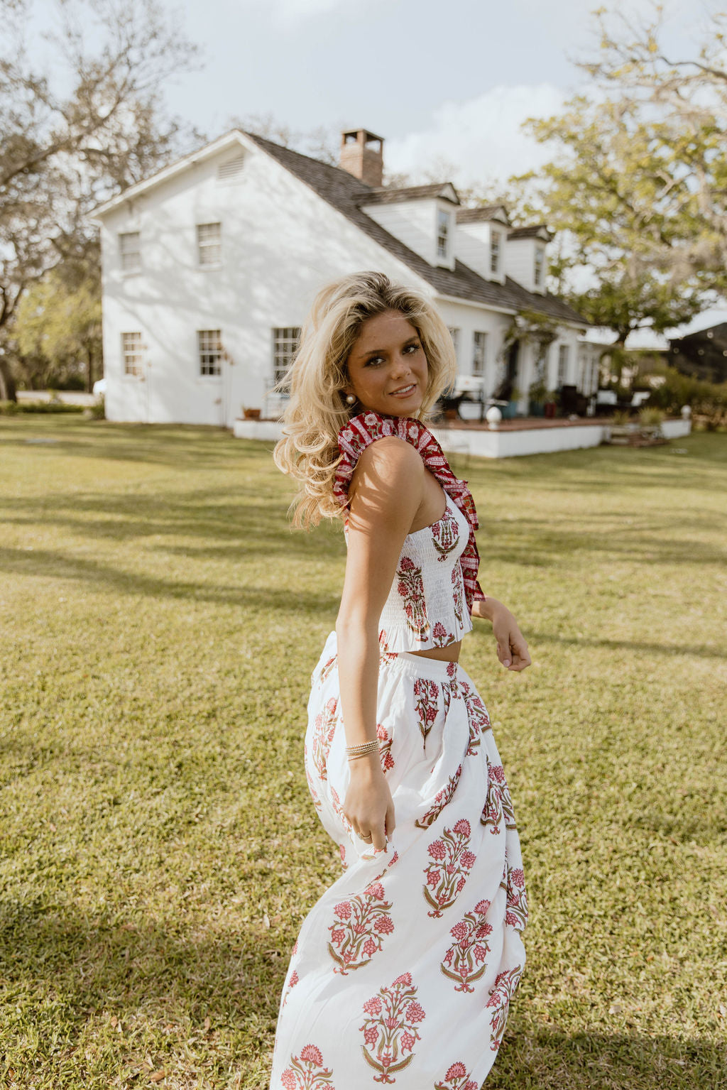 Riley Floral Ruffle Skirt Top Set - White/Red