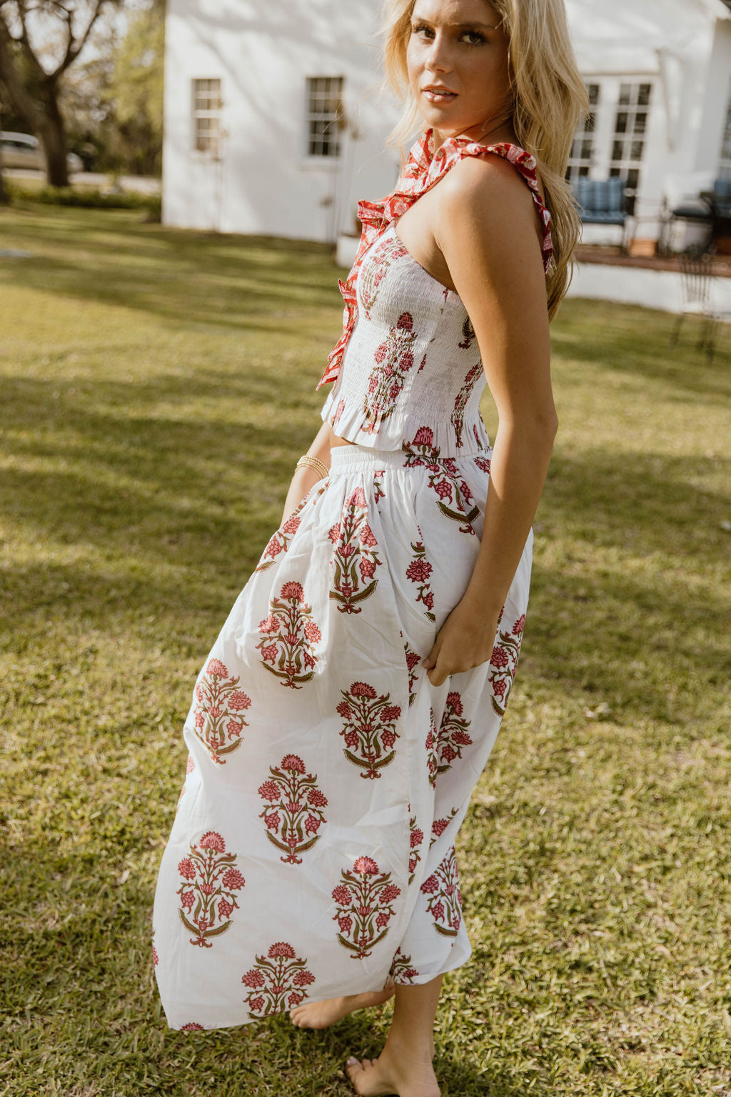 Riley Floral Ruffle Skirt Top Set - White/Red