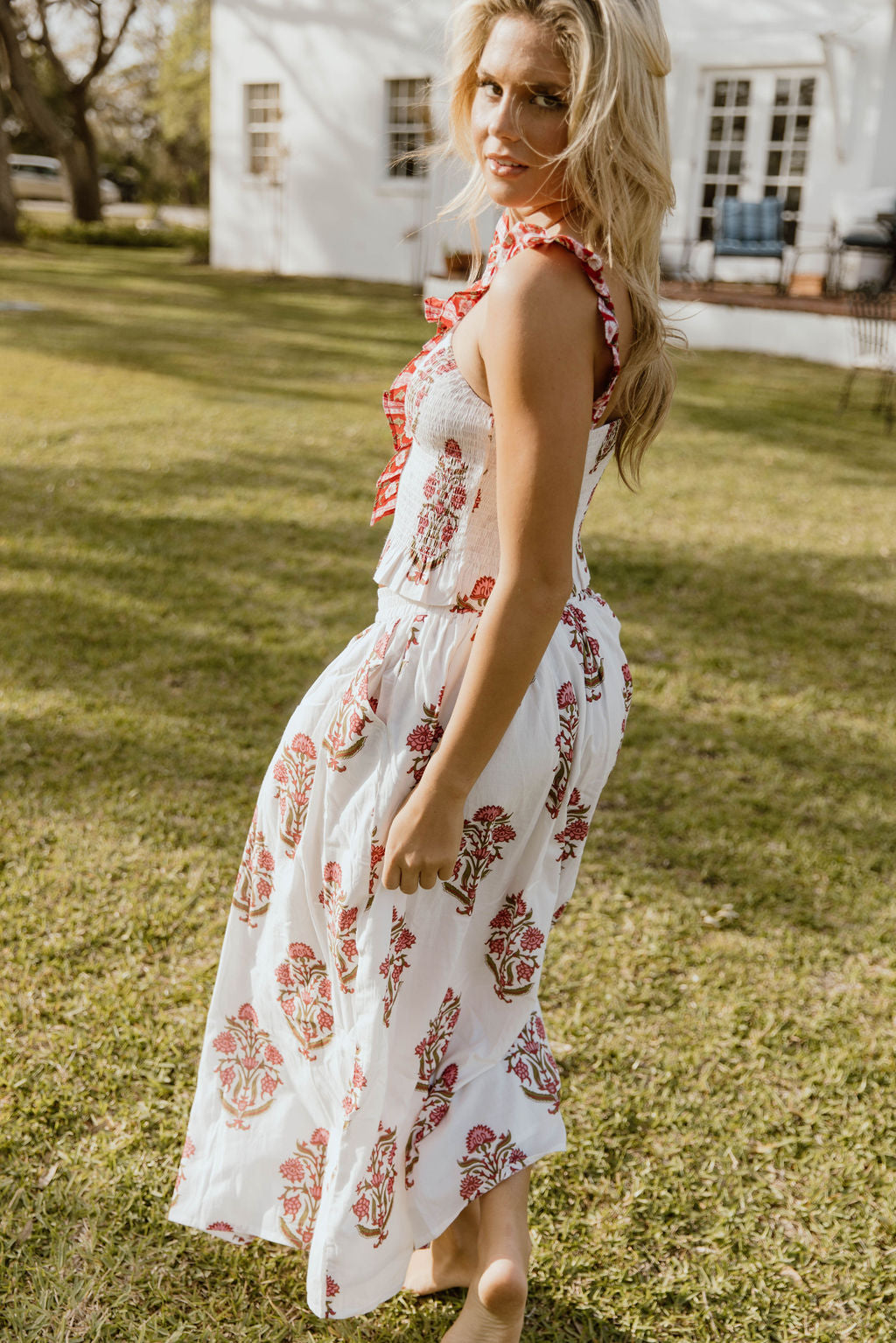 Riley Floral Ruffle Skirt Top Set - White/Red