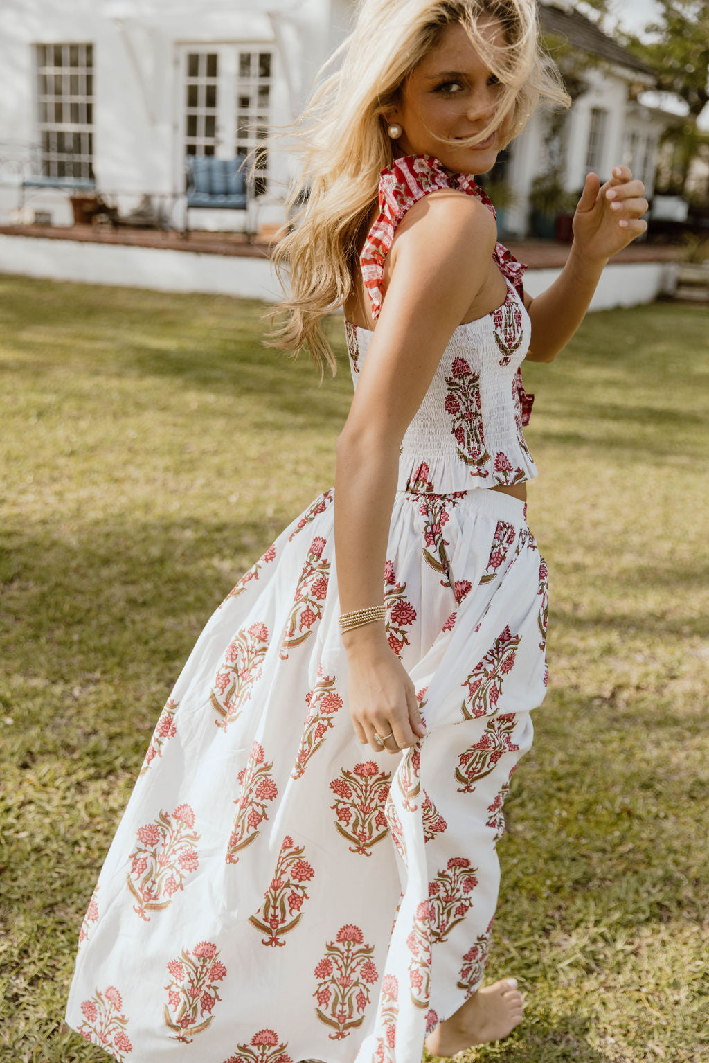 Riley Floral Ruffle Skirt Top Set - White/Red