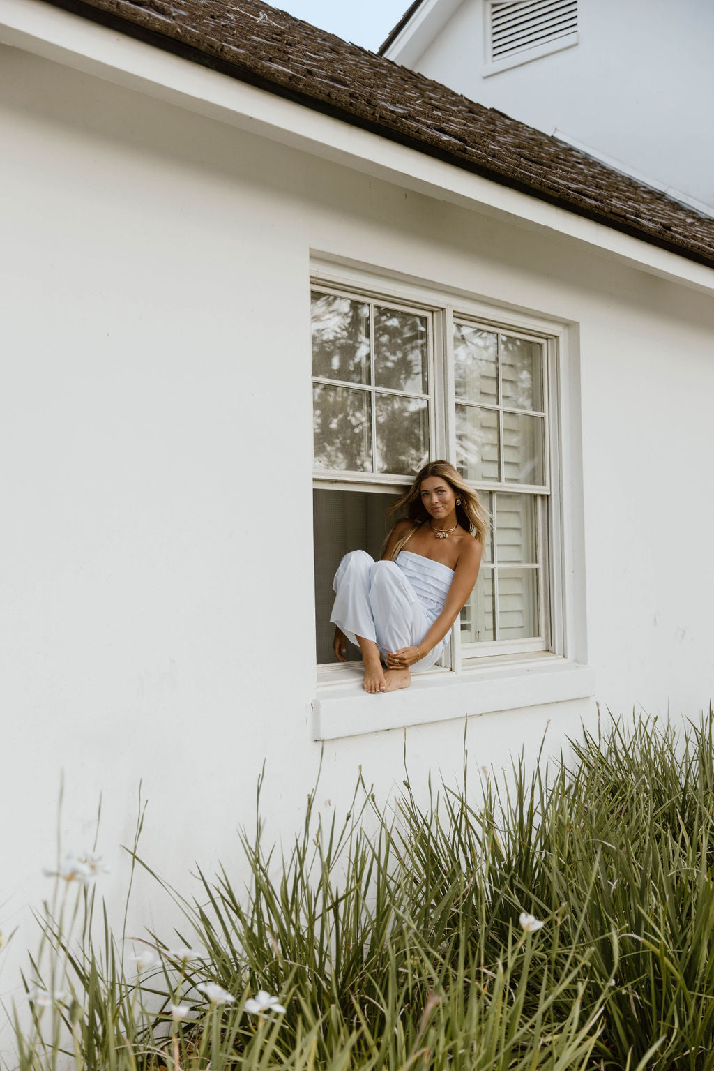 Trixie Strapless Pleated Top - White/Lt Blue Stripes
