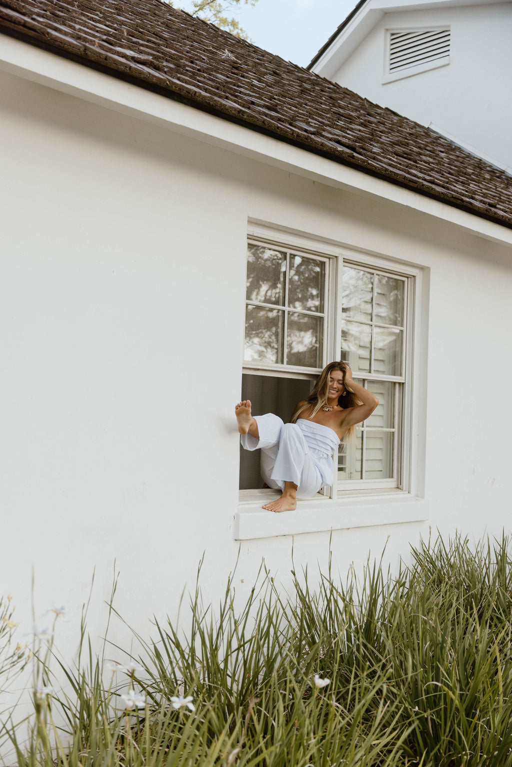 Trixie Strapless Pleated Top - White/Lt Blue Stripes