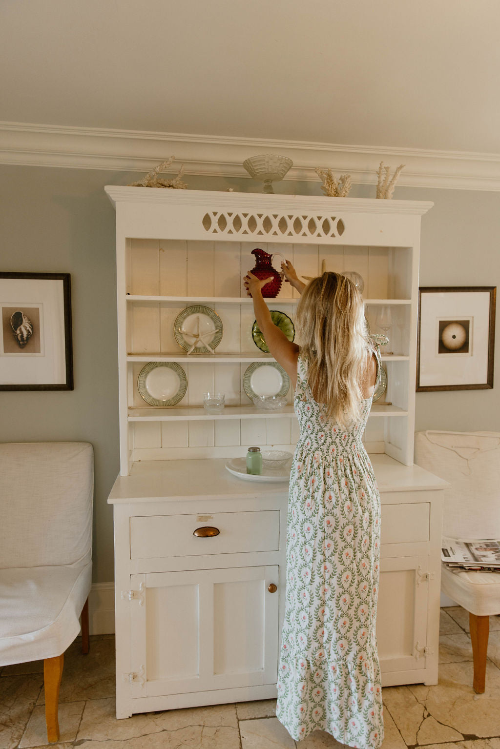 Eleanor Smocked Tie Shoulder Midi Dress- Pink/Green Block Print