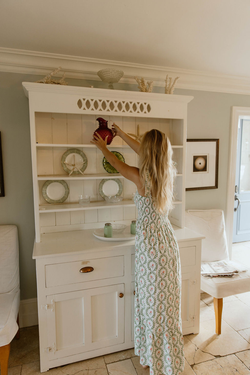 Eleanor Smocked Tie Shoulder Midi Dress- Pink/Green Block Print