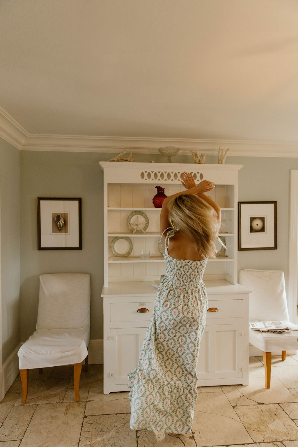 Eleanor Smocked Tie Shoulder Midi Dress- Pink/Green Block Print