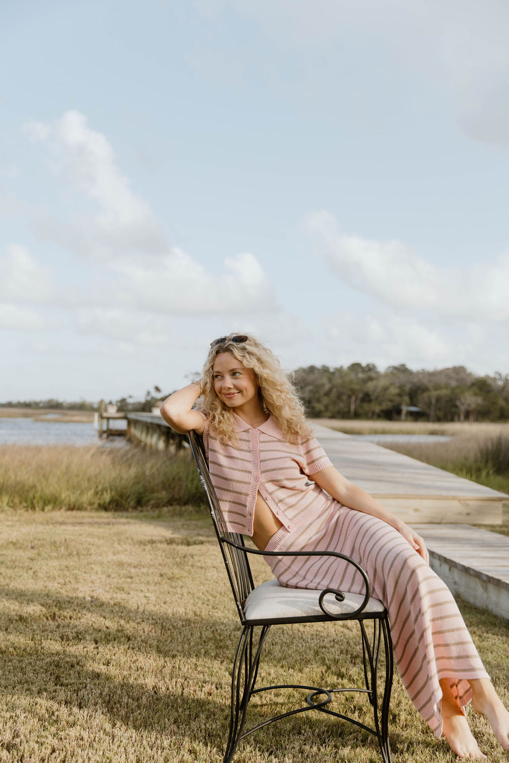 Pixie Striped Midi Skirt Set - Lt Pink/Taupe