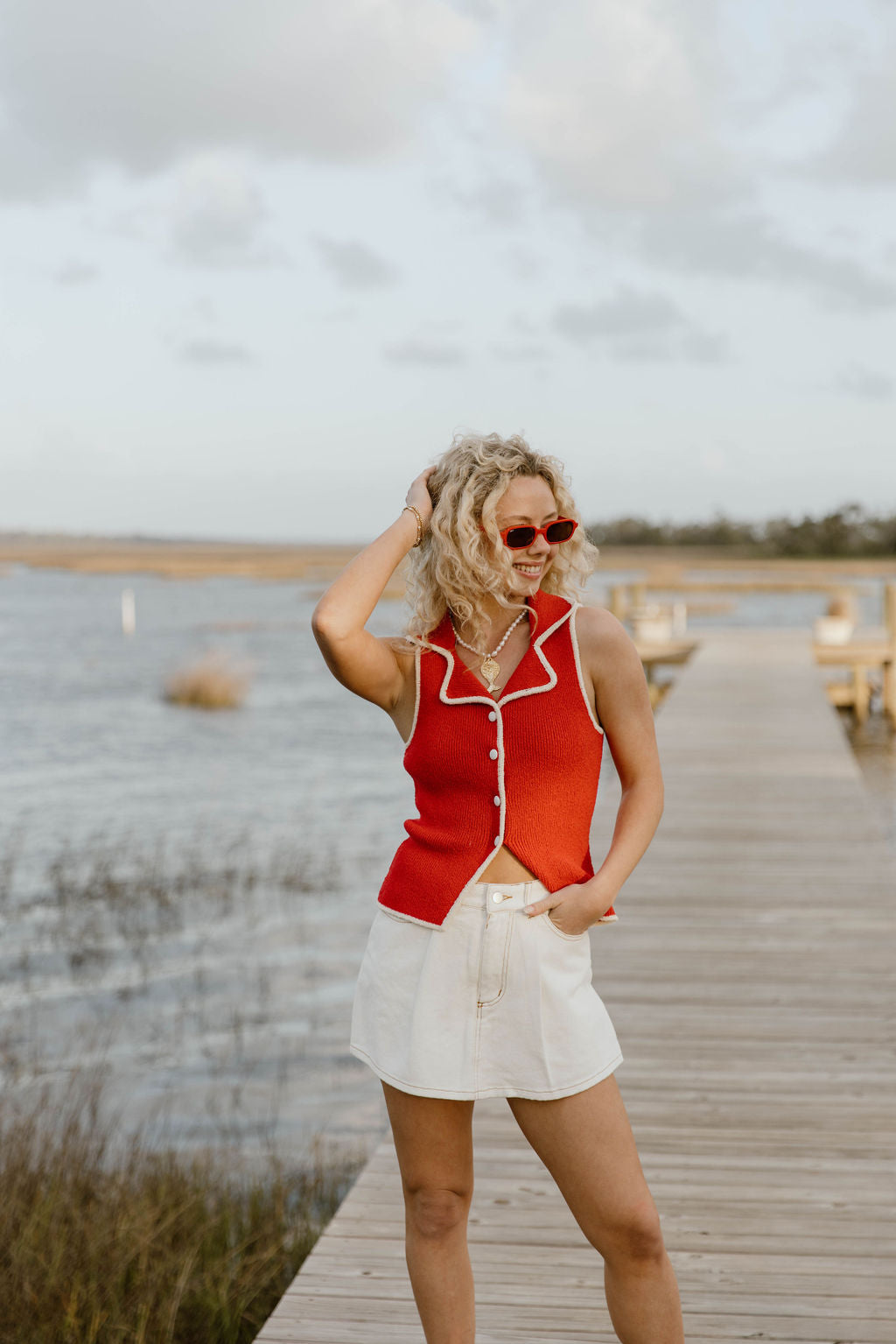 Indie Button Down Top - Red Cream