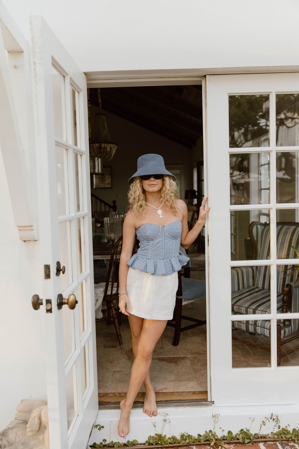Serene Checkered Strapless Top - Blue White