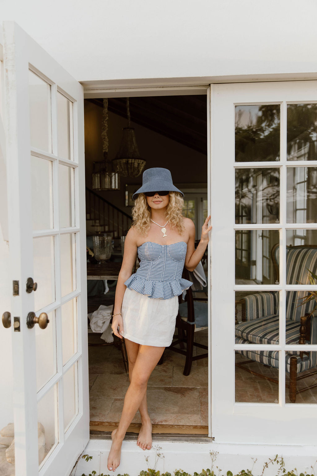 Serene Checkered Strapless Top - Blue White
