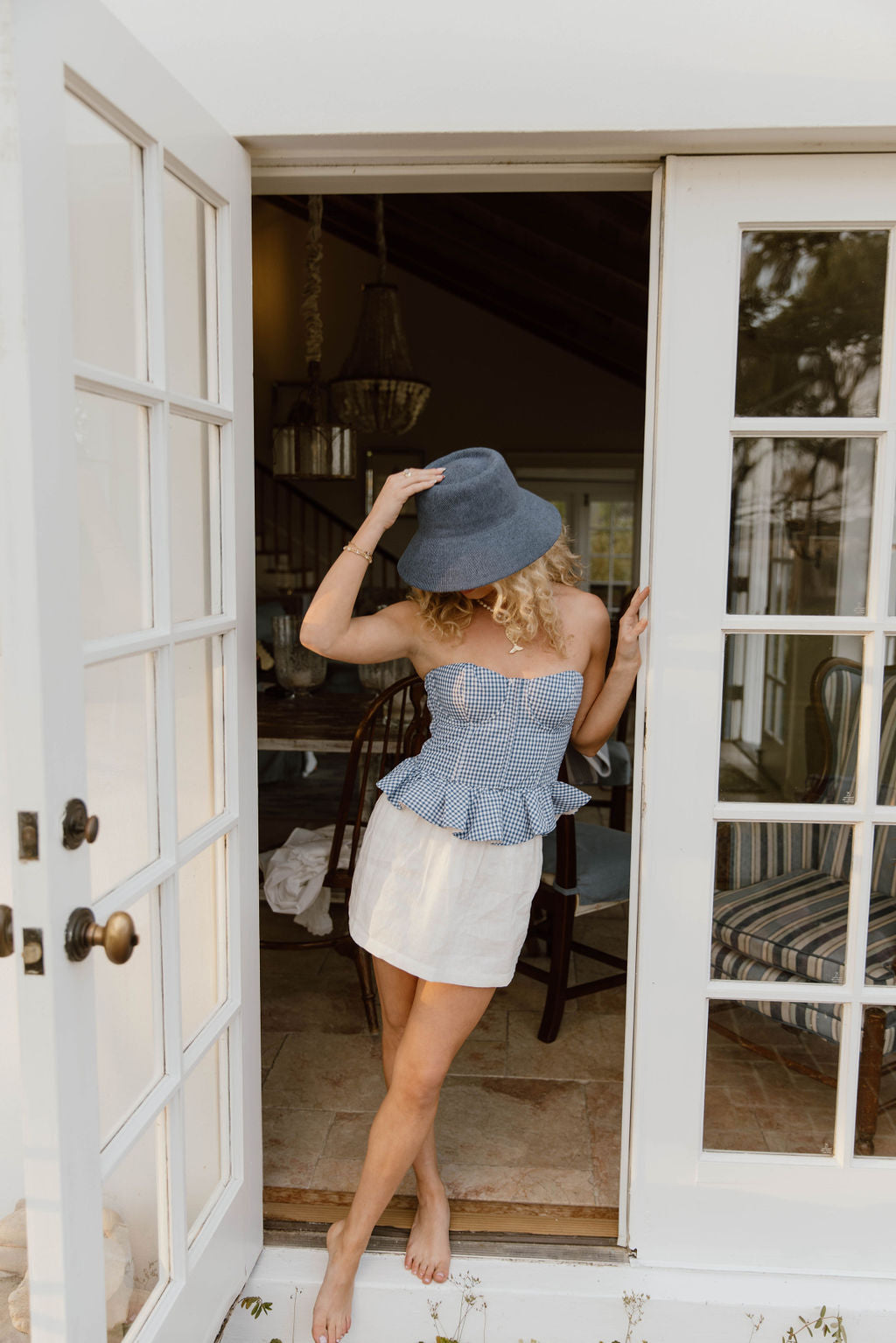 Serene Checkered Strapless Top - Blue White