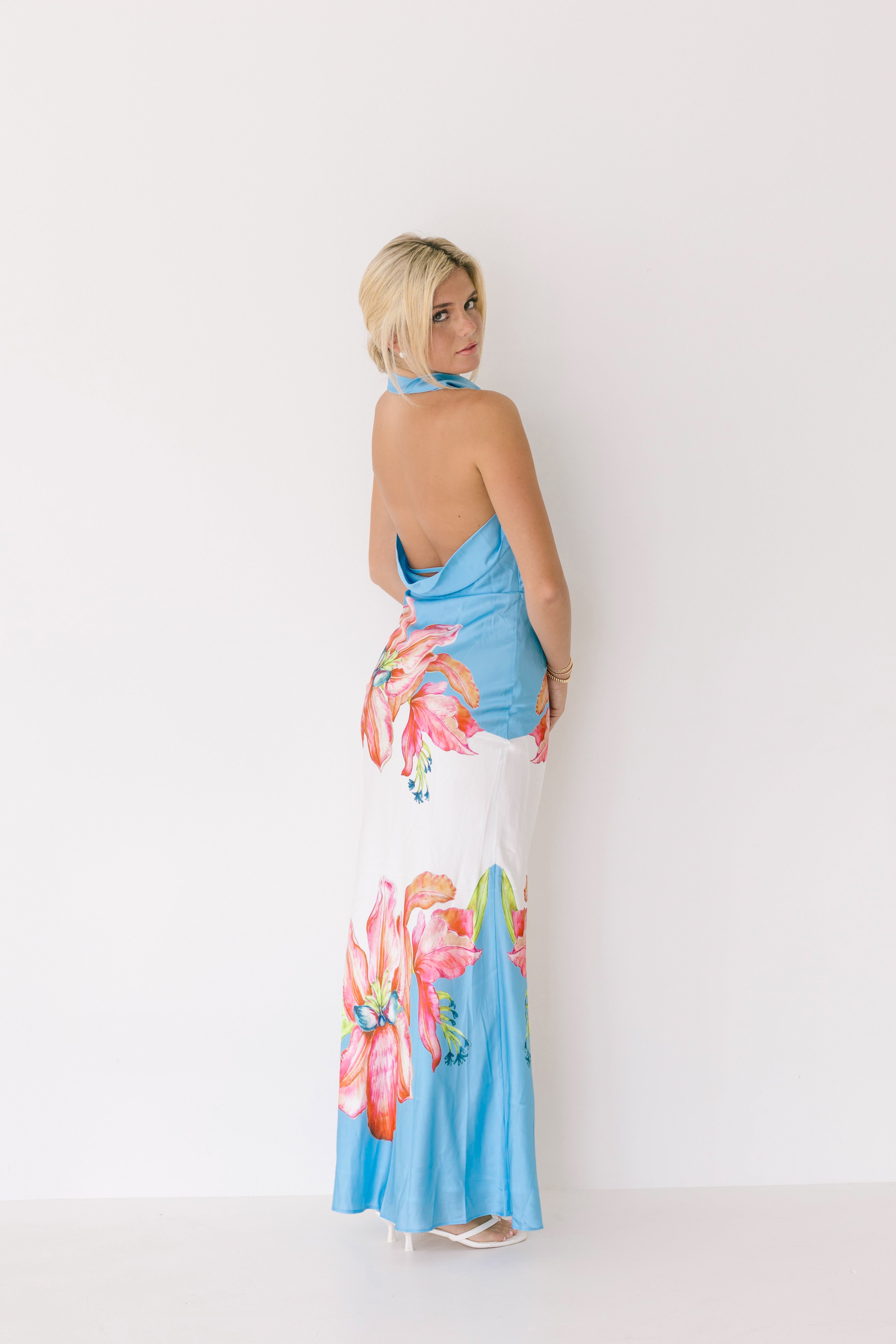 Collins Flower Halter Maxi Dress - Blue-White