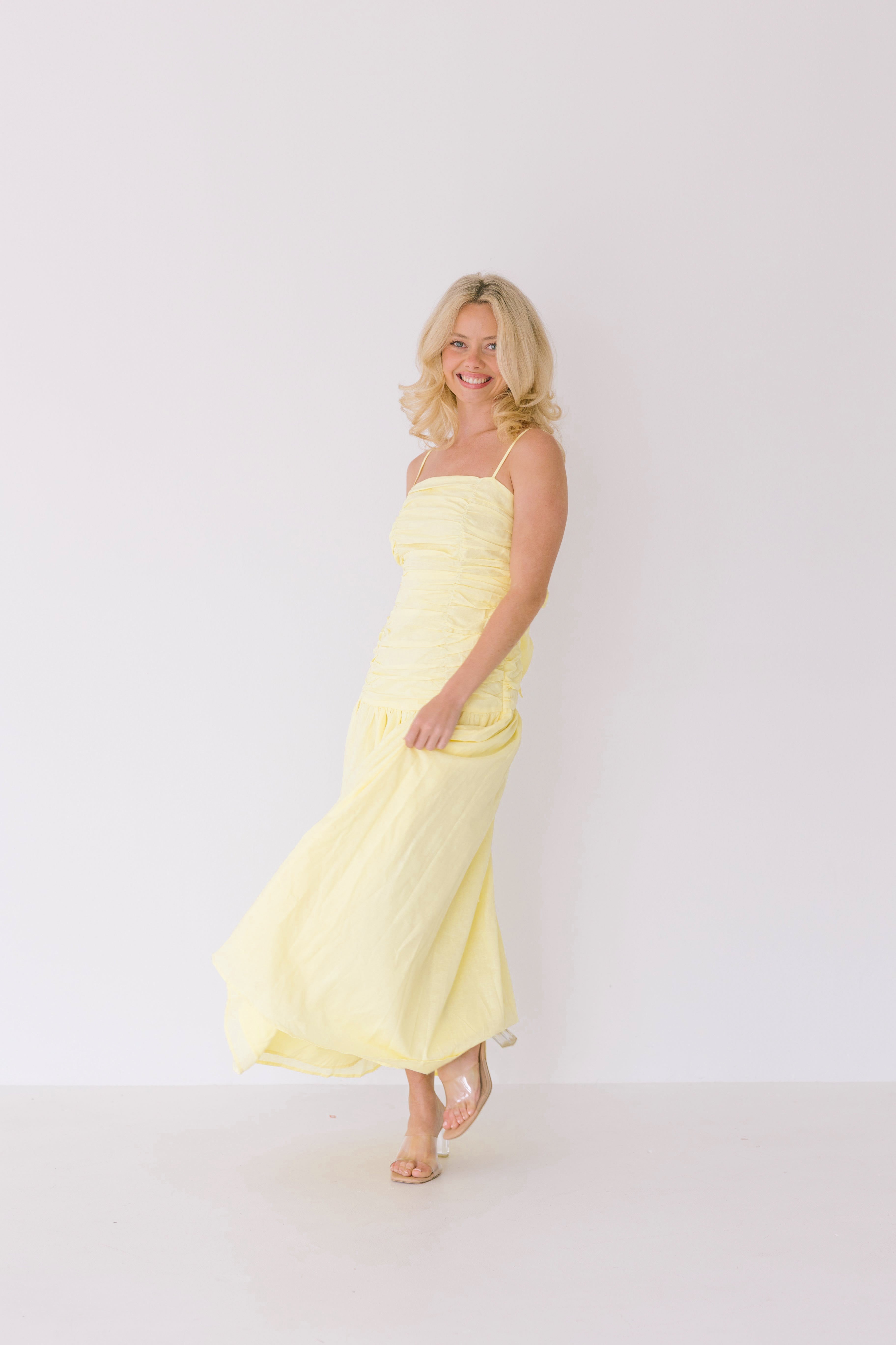 Verity Ruched Linen Maxi Dress - Yellow