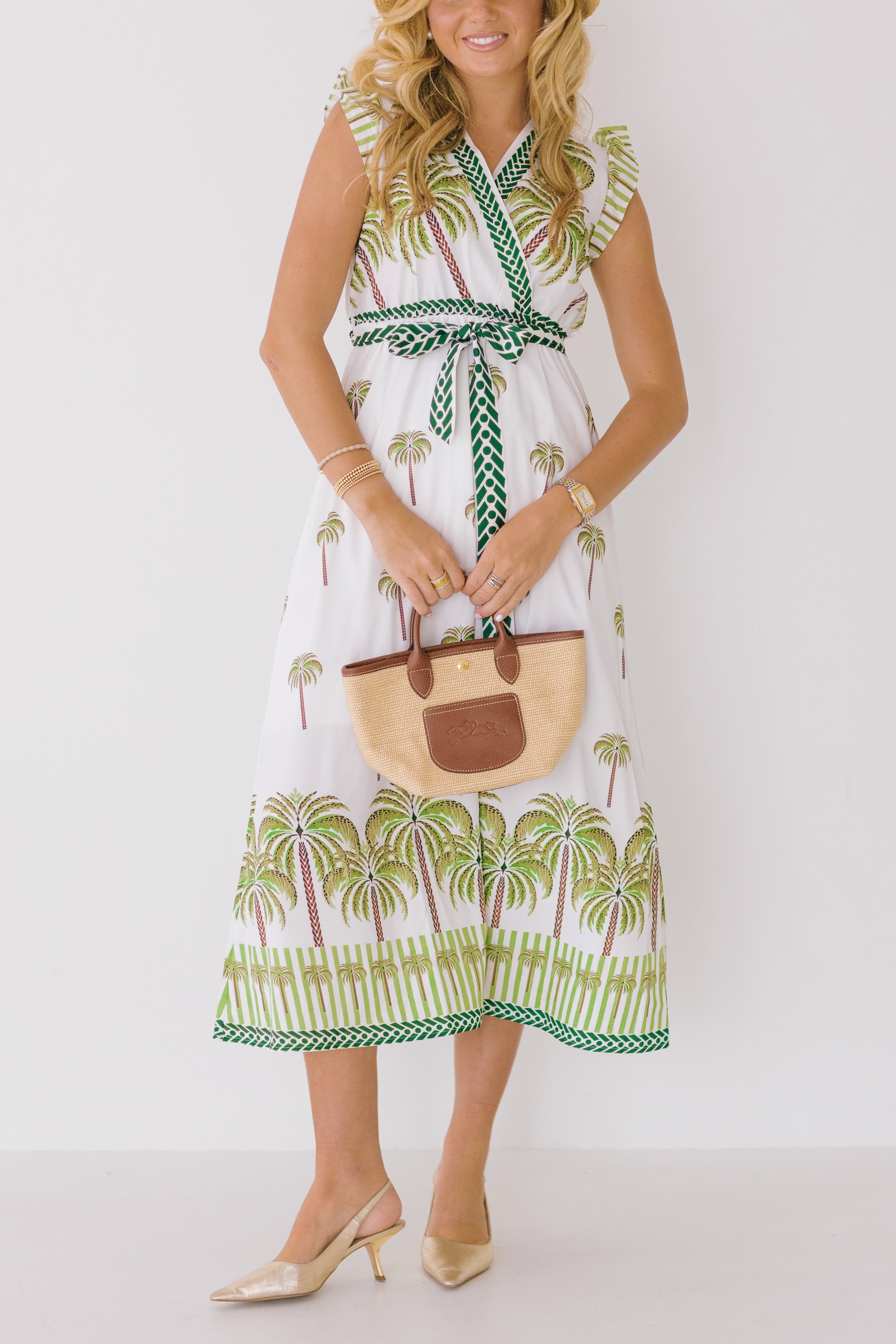Azura Palm Print V-Neck Belted Dress - Green