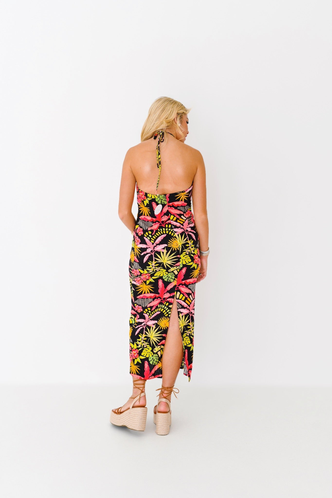 Victoria Halter Neck Maxi Dress - Black Multi Tropical