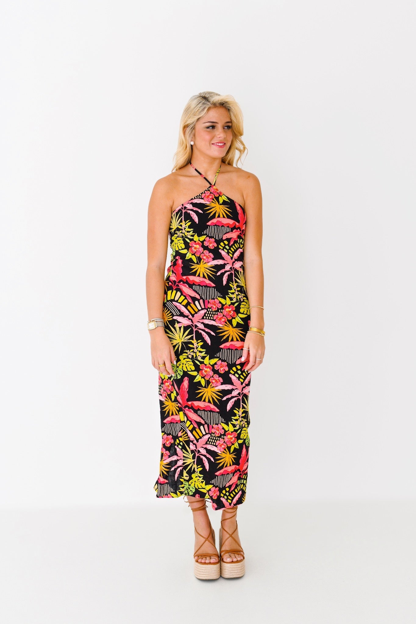 Victoria Halter Neck Maxi Dress - Black Multi Tropical