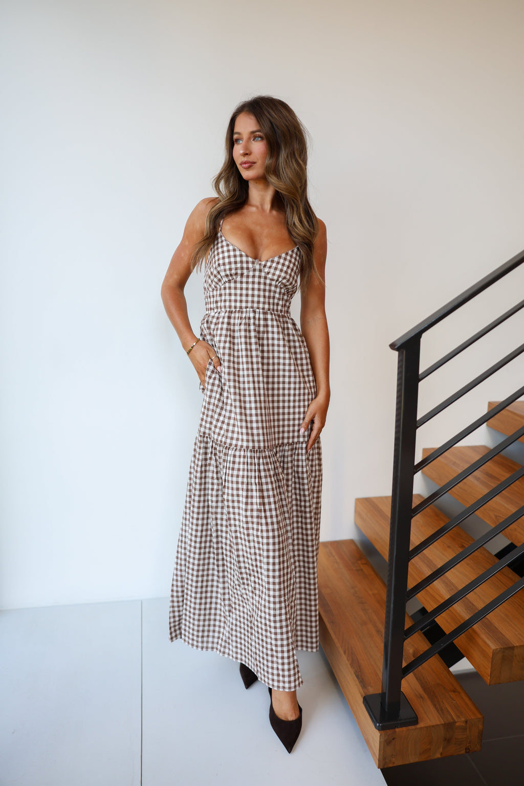 Polly Gingham Tiered Maxi Dress - Brown