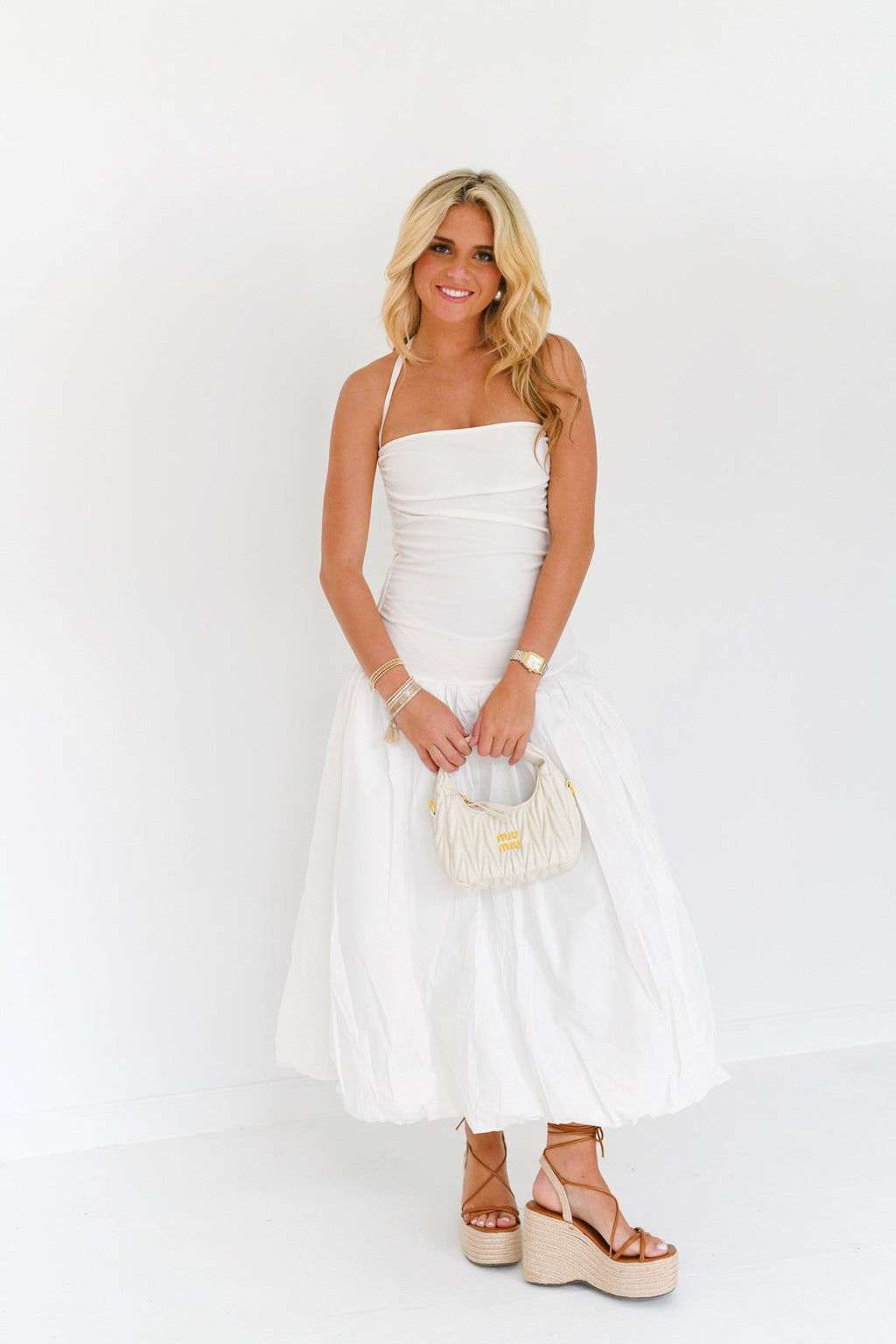 Kristy Drop Waist  Midi Dress - White