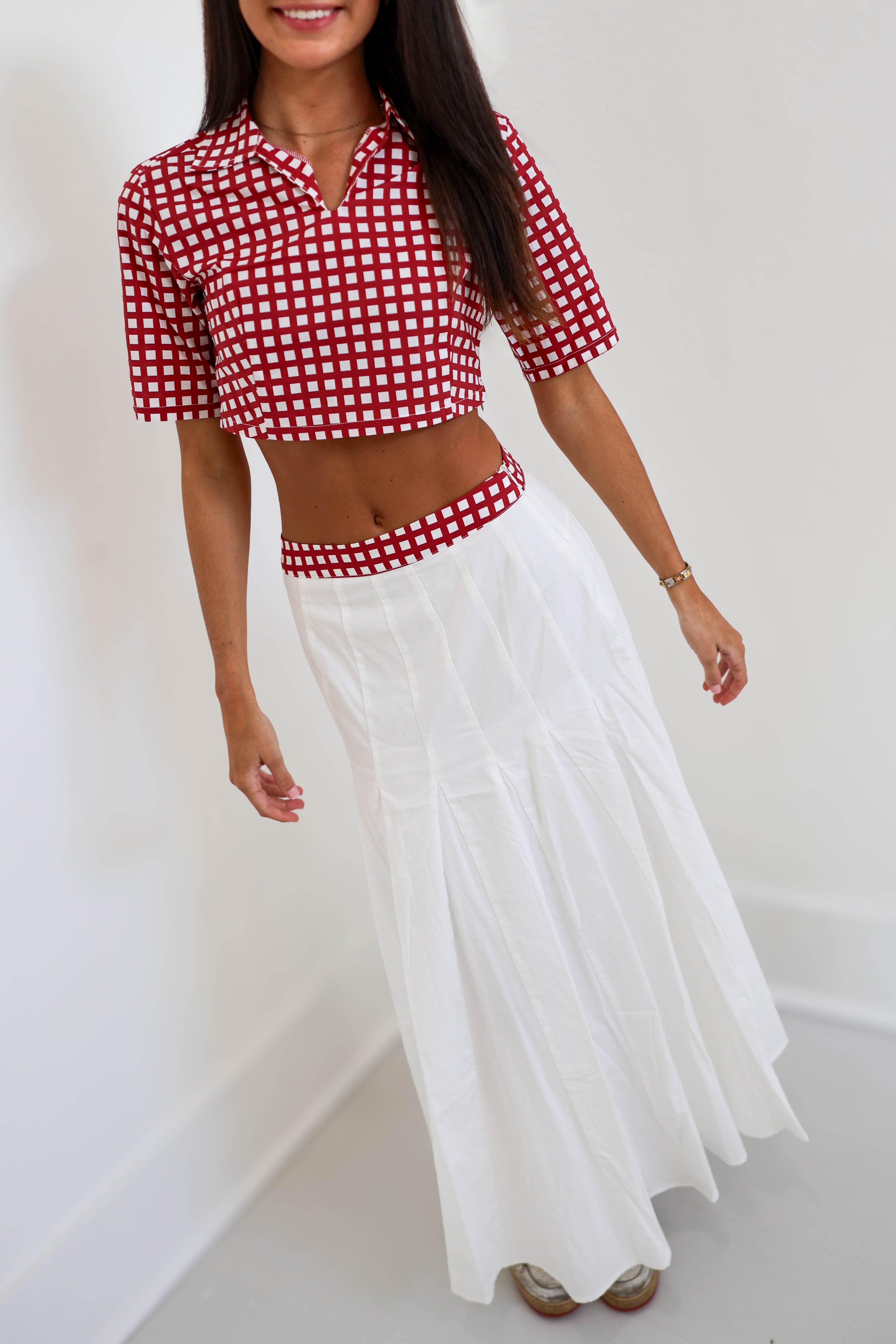 Maning Double Layer Pleated Maxi Skirt - Crimson/White Gingham