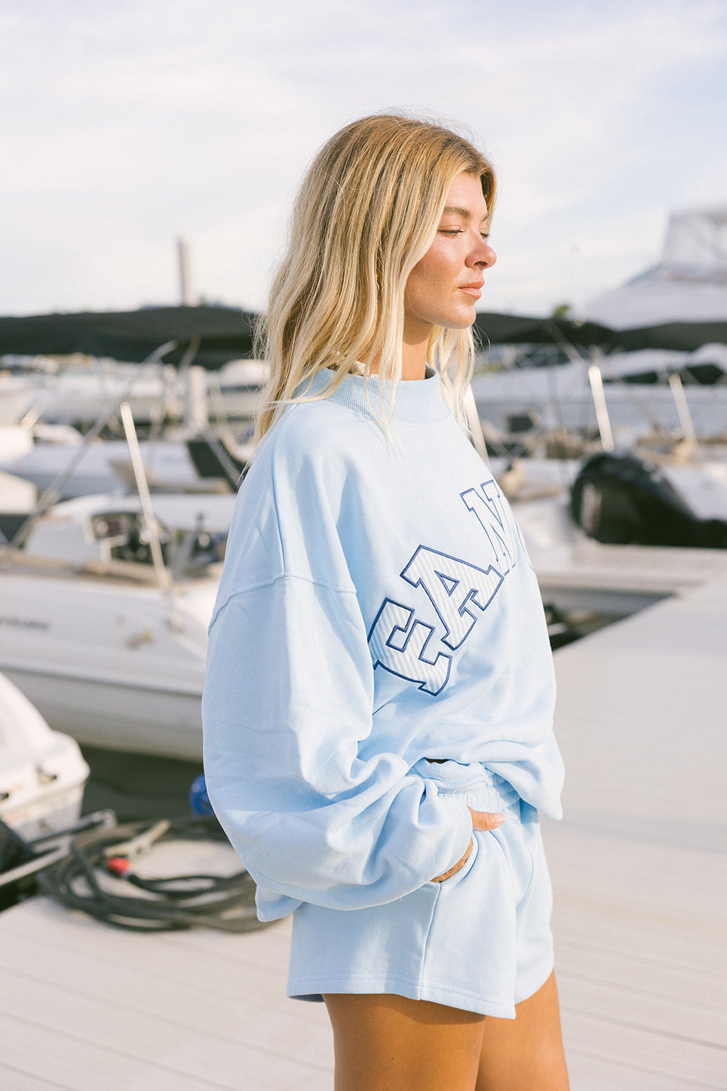 Fancy Oversized Striped Terry Striped Mockneck - Malibu Blue