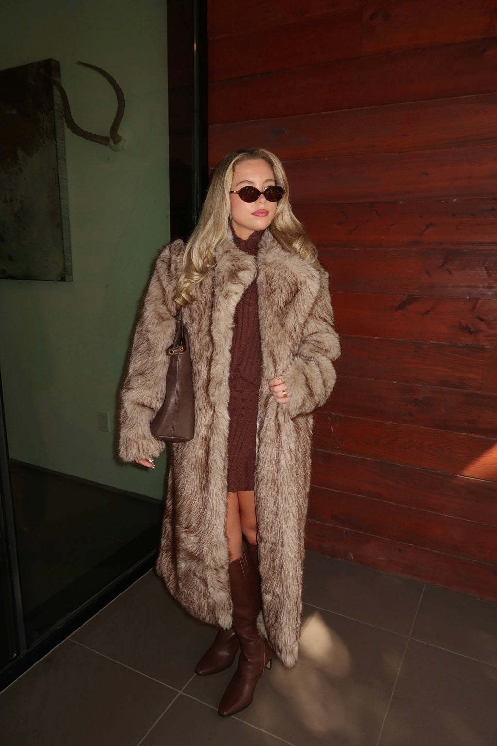 Blair Long Belted Faux Fur Coat - Taupe