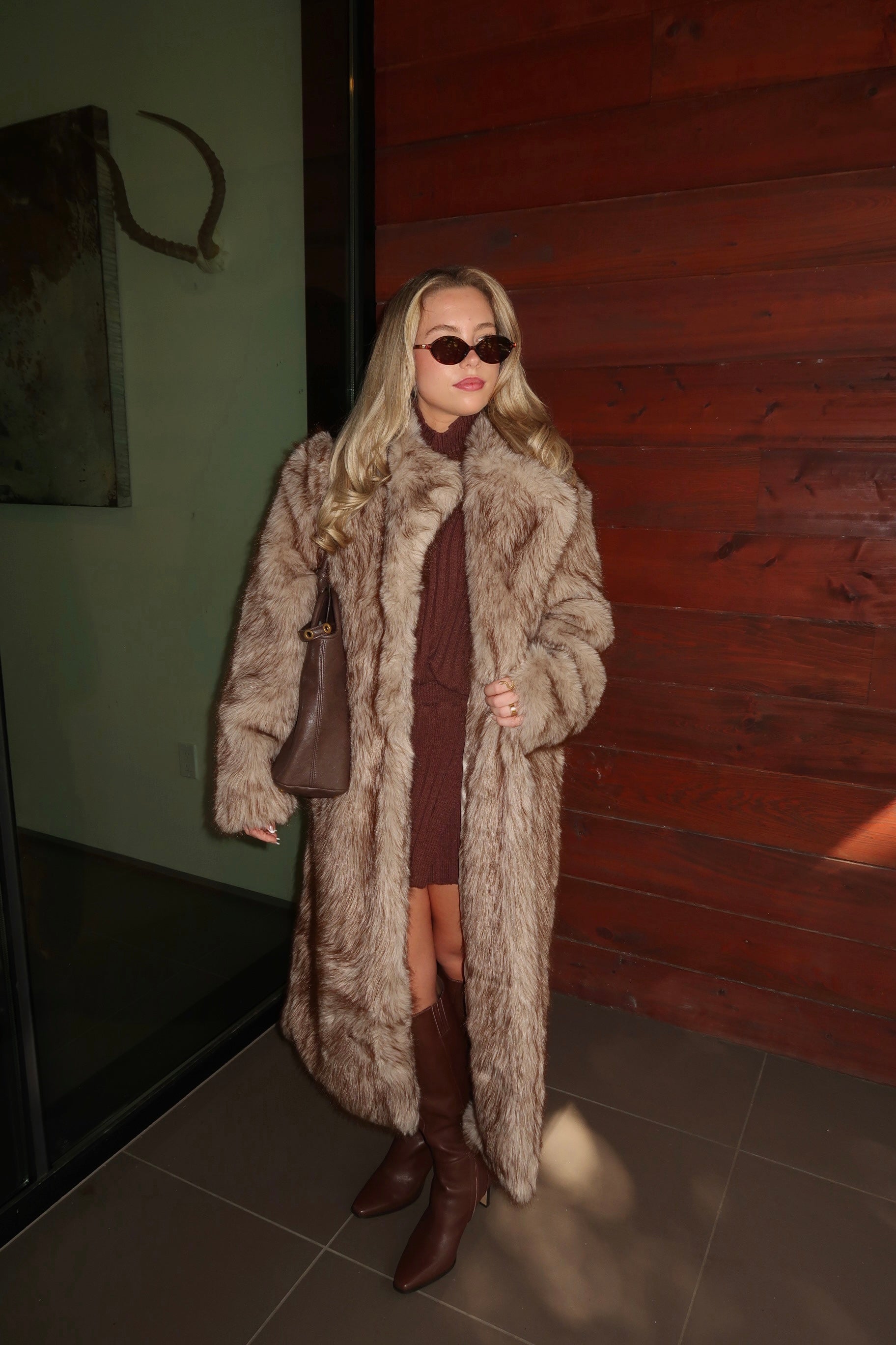 Blair Long Belted Faux Fur Coat - Taupe