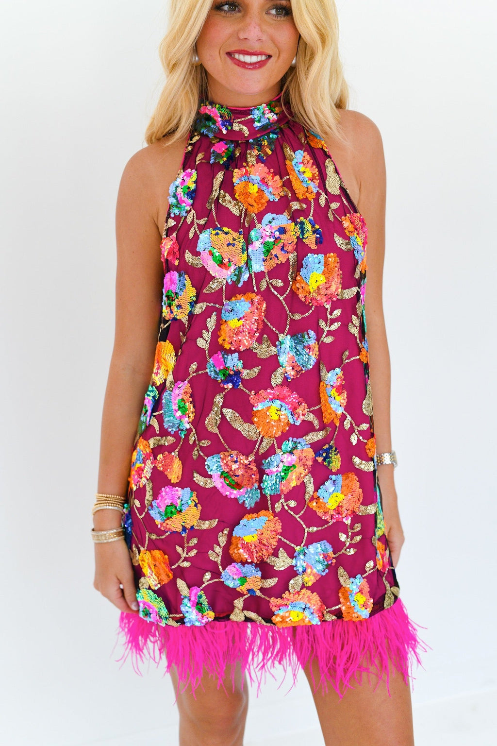 Daphne Floral Sequin Halter Dress - Multi