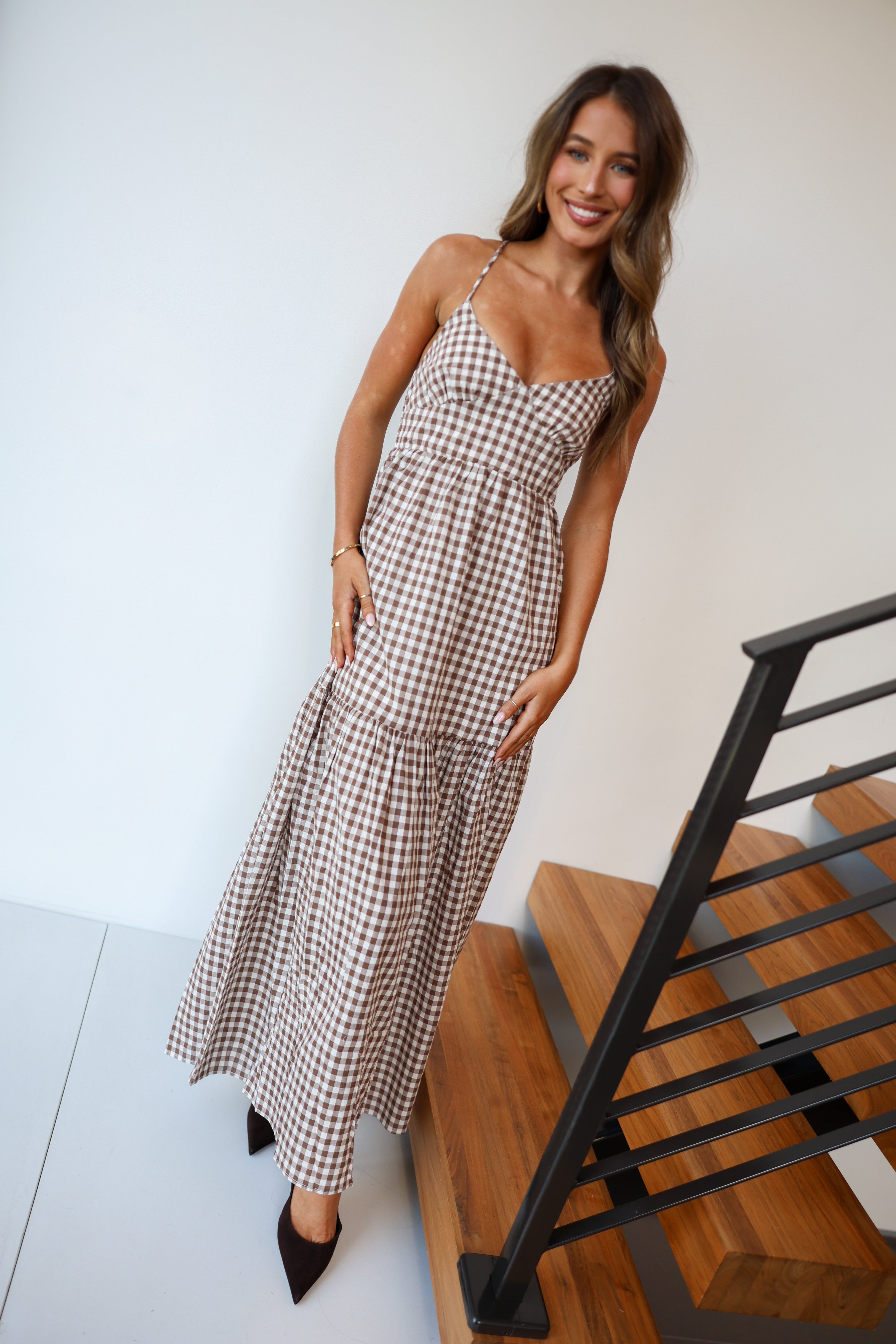 Polly Gingham Tiered Maxi Dress - Brown
