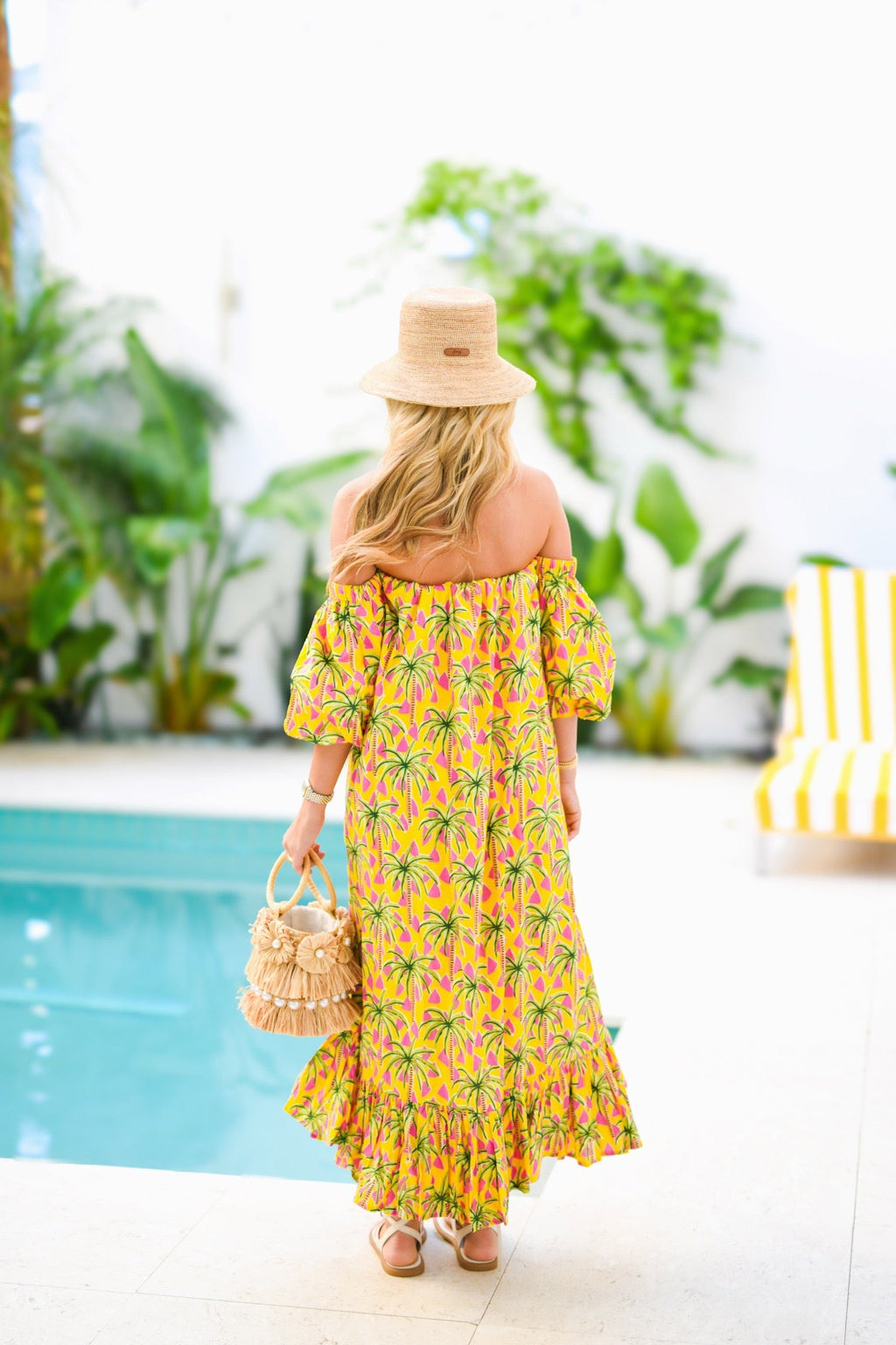 Yasmine Strapless Bubble Sleeve Maxi Dress - Yellow Palm