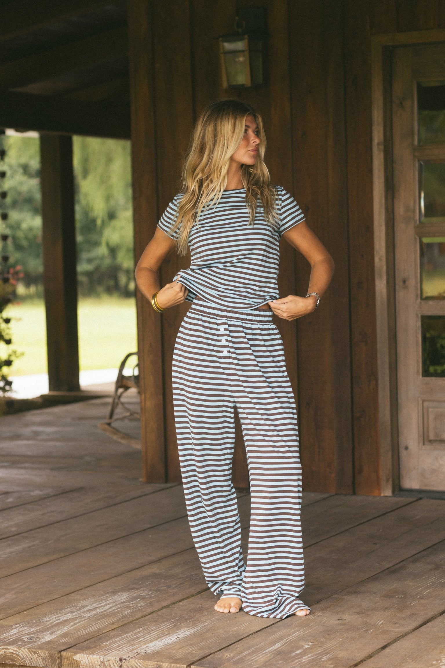Fancy Striped Button Pants- Glacier/Chocolate