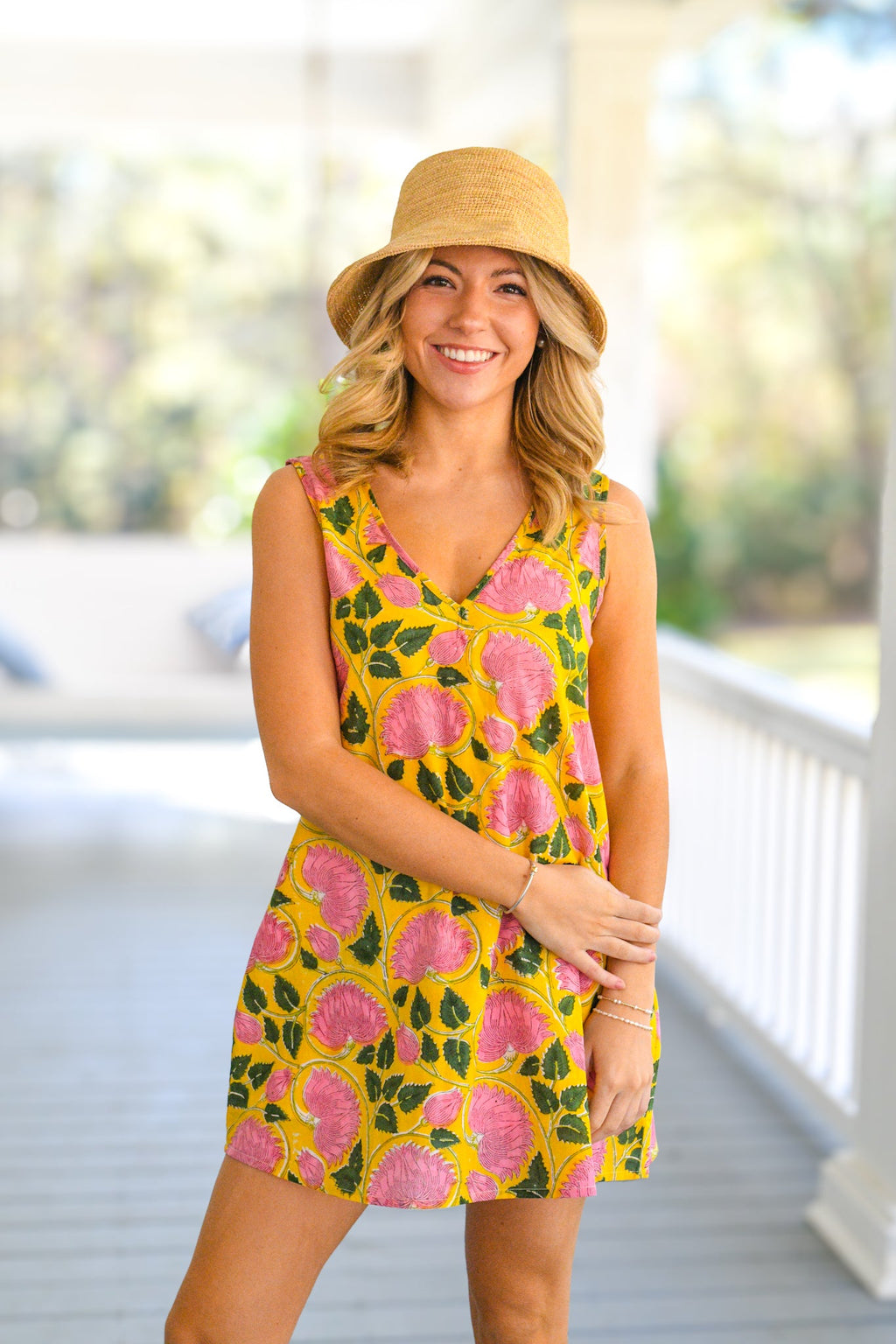 Yilly V Neck Mini Dress - Yellow/Pink