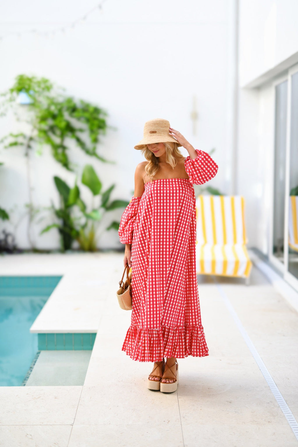 Rylie Strapless Bubble Sleeve Maxi Dress - Red Gingham