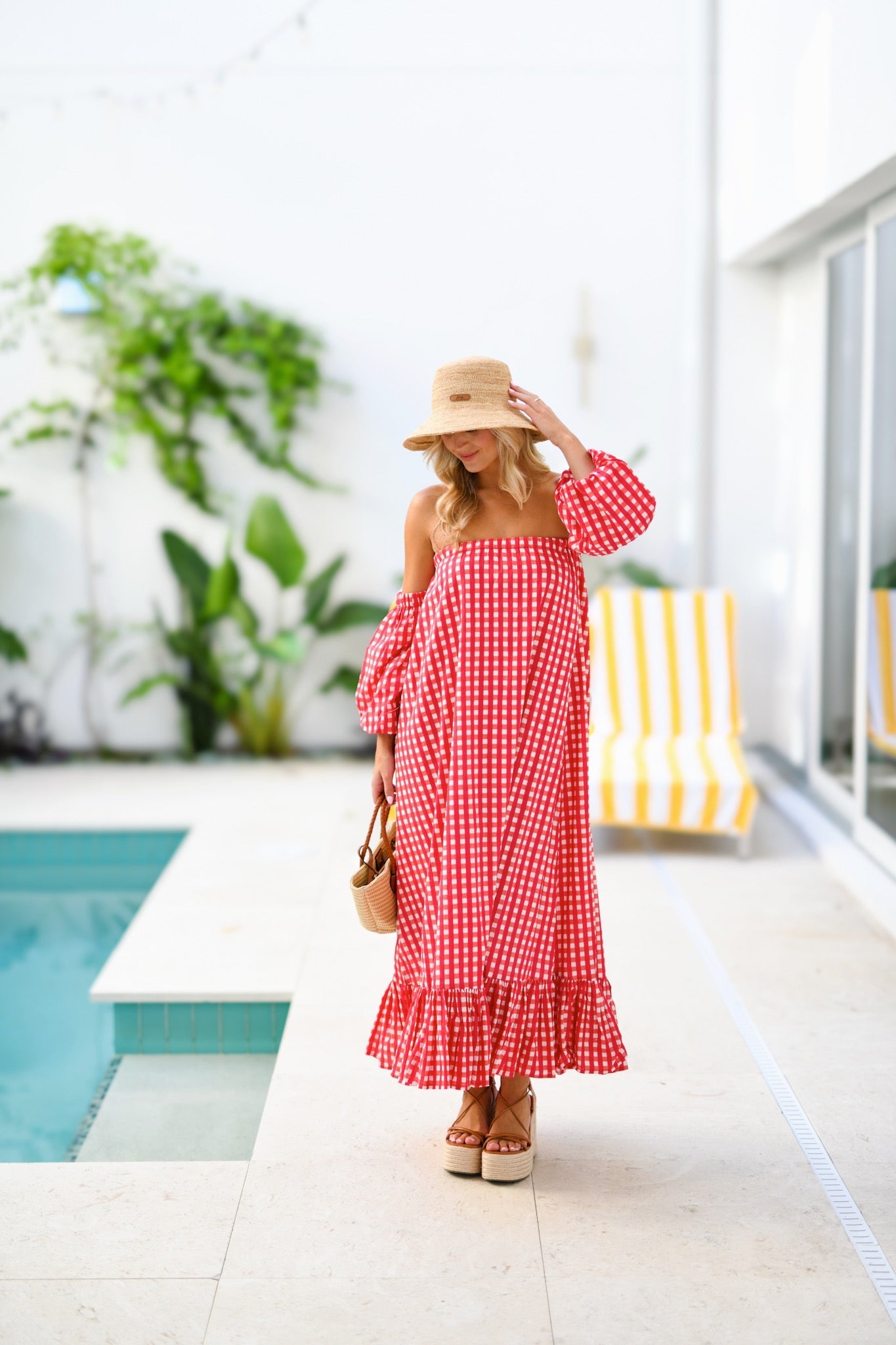 Rylie Strapless Bubble Sleeve Maxi Dress - Red Gingham