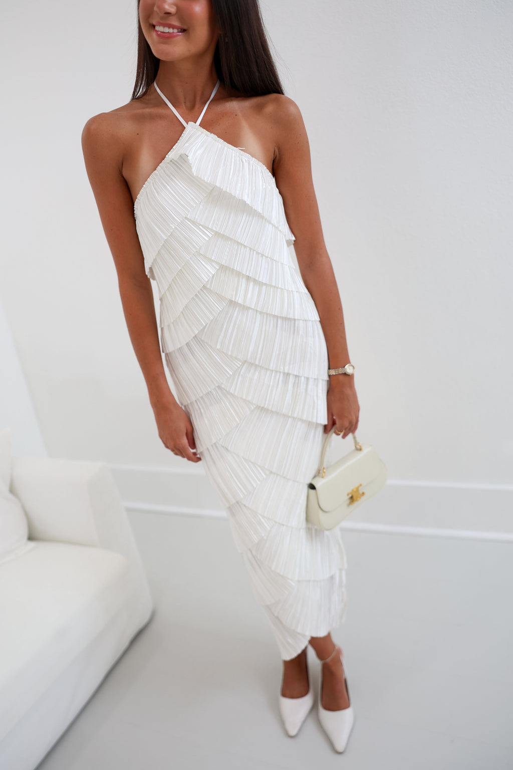 Lily Pleated Midi Dress -White