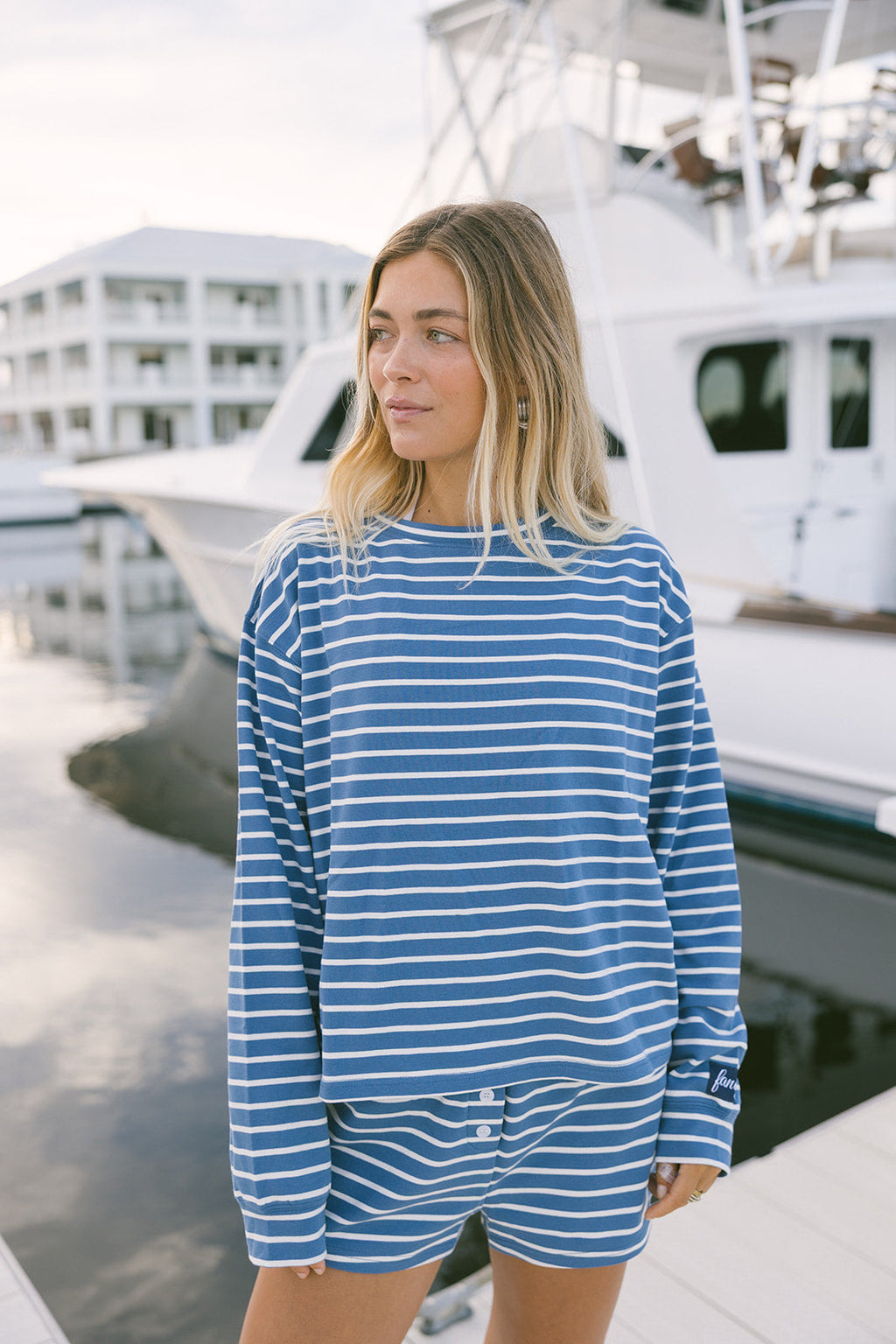 Fancy Striped Oversized Long Sleeve Top - Malibu Blue