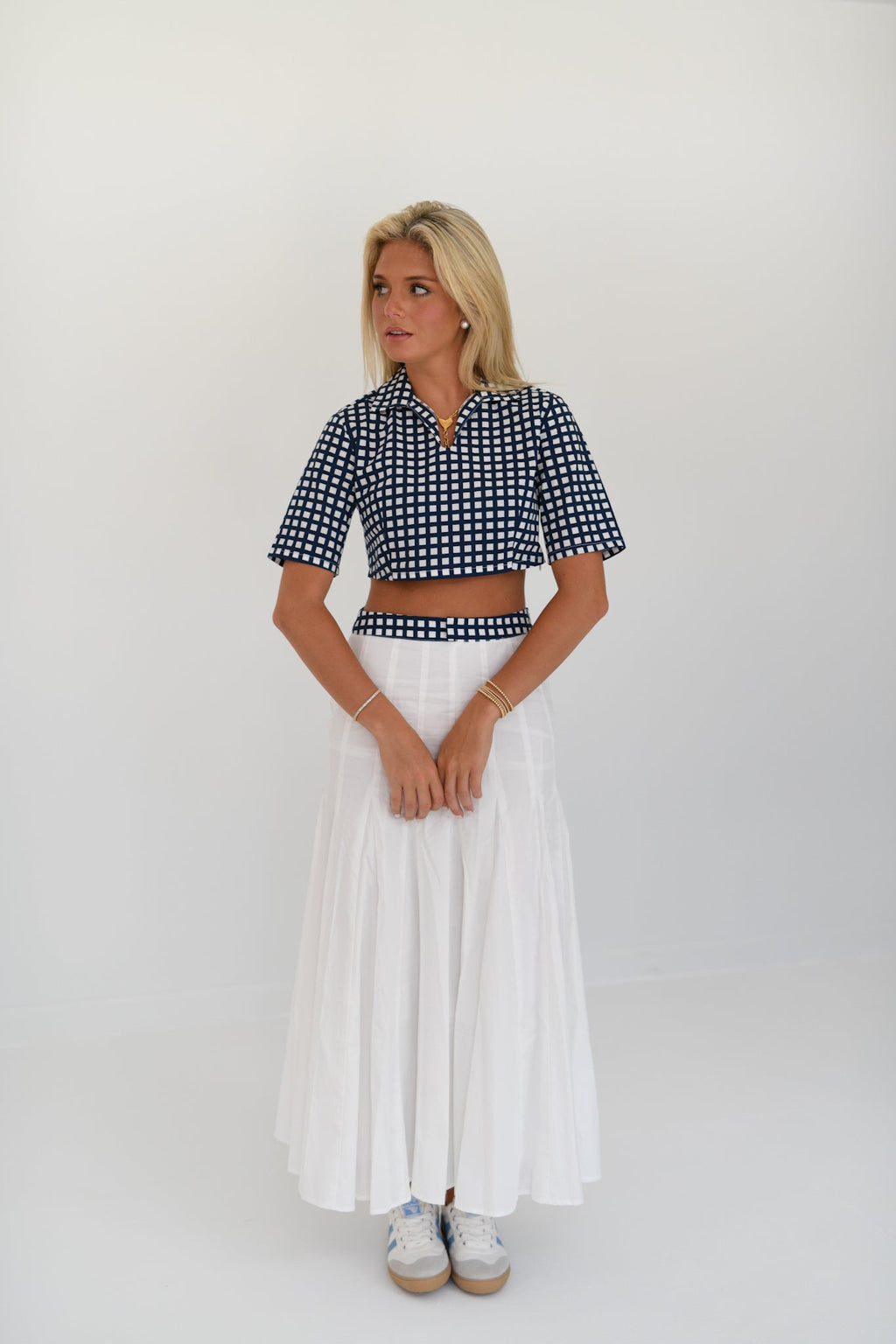 Dani Double Layer Pleated Maxi Skirt - Navy/White Gingham