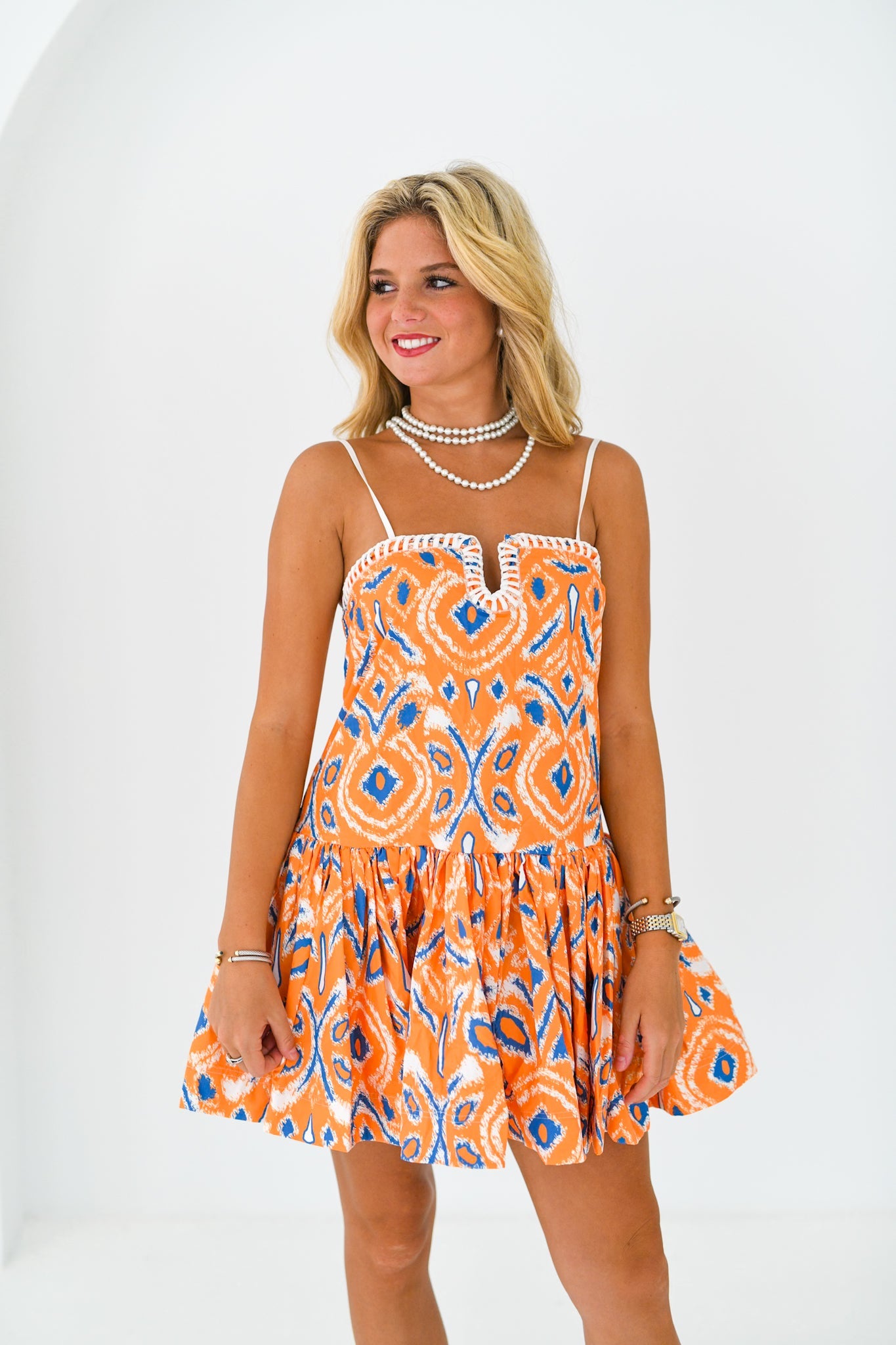 Olivia Sweetheart Dress - Orange/Blue