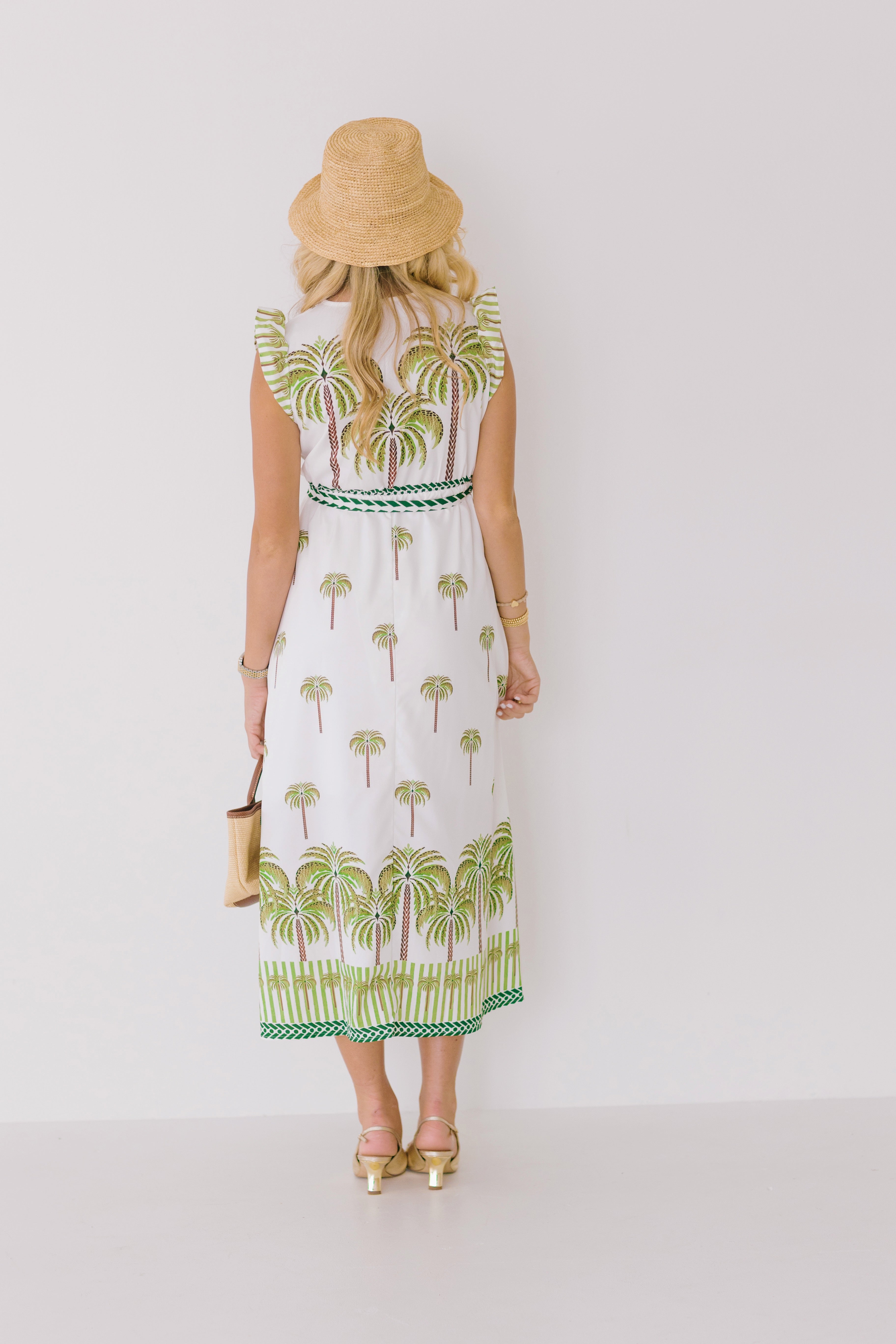 Azura Palm Print V-Neck Belted Dress - Green