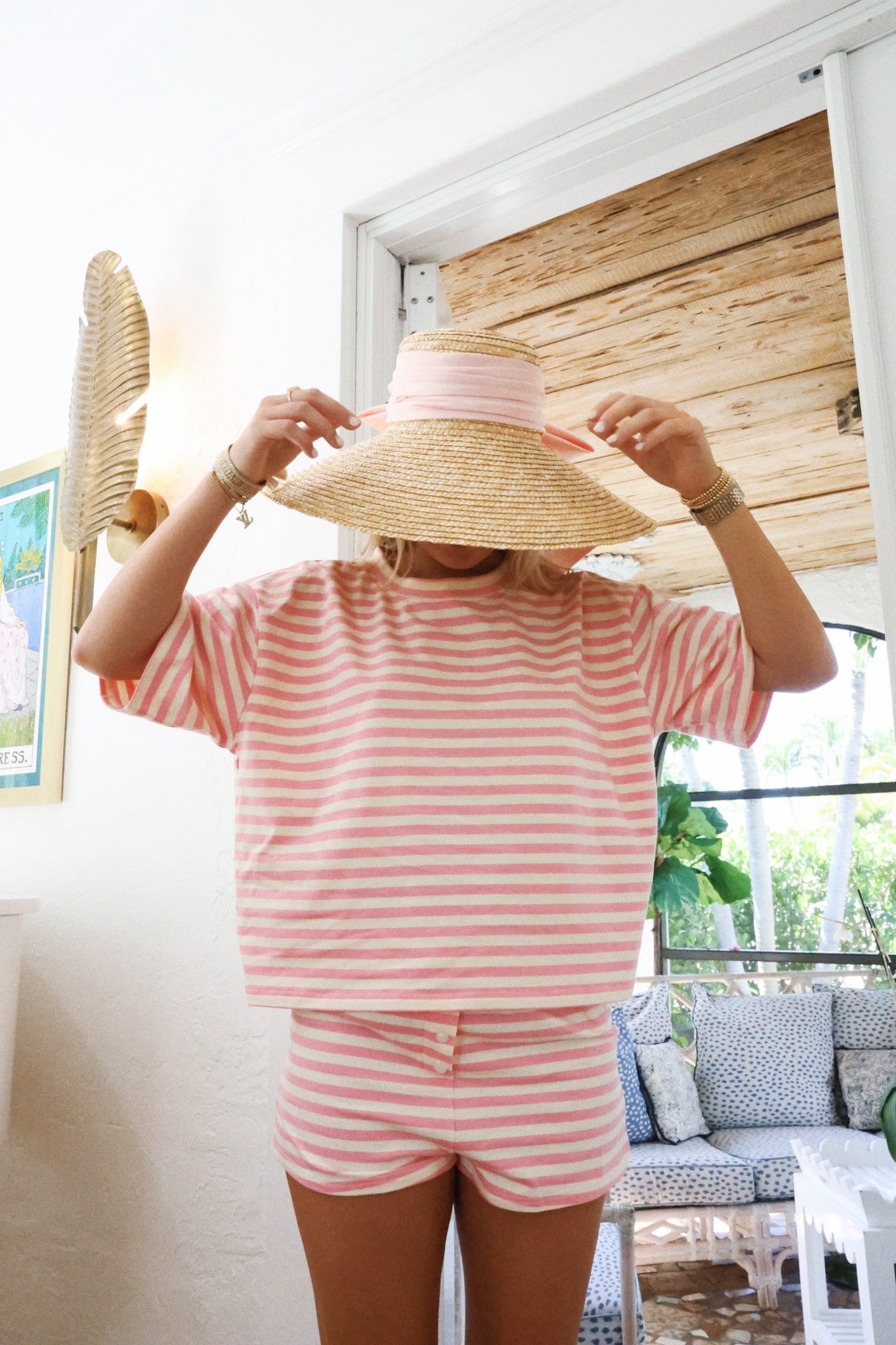 Fancy Striped Button Shorts - Hibiscus/Cream