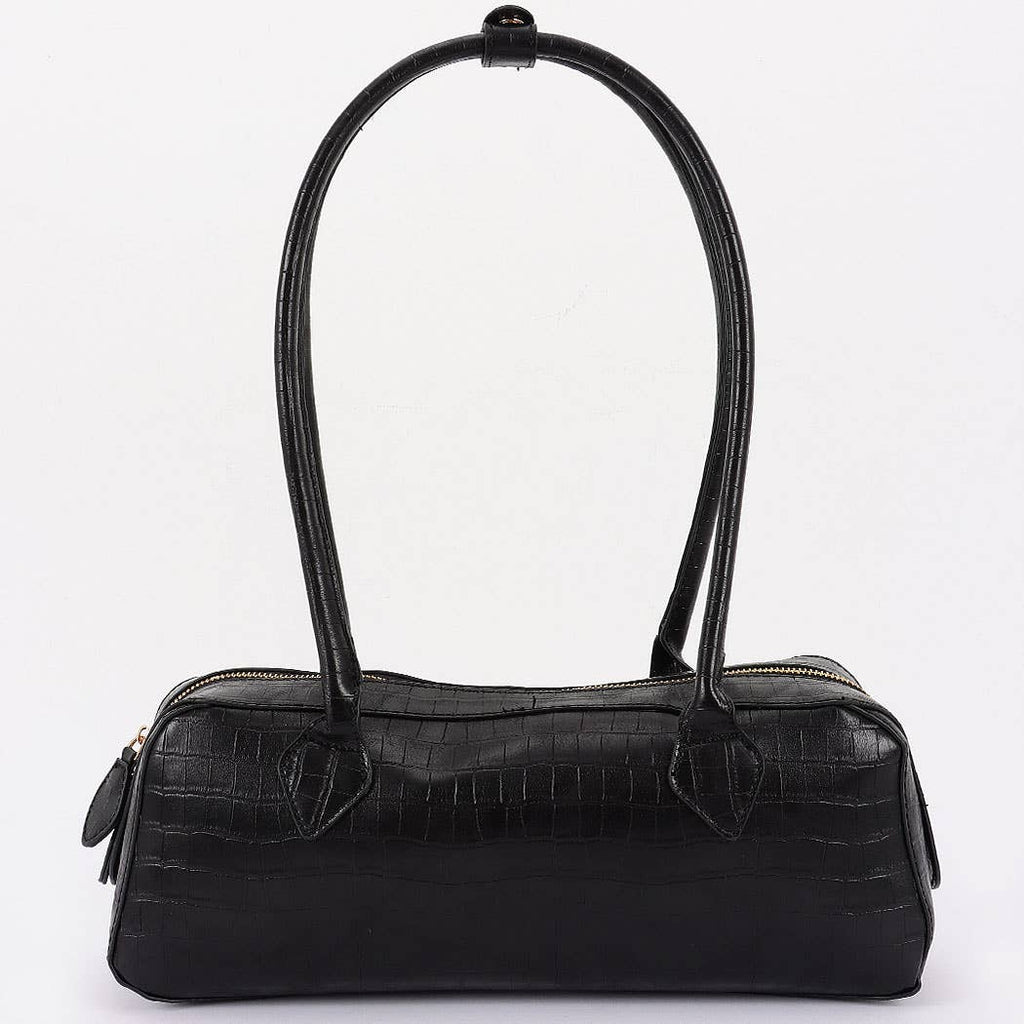 Croc Embossed Barrel Bag- Black