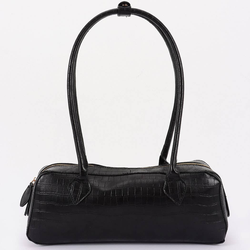 Croc Embossed Barrel Bag- Black