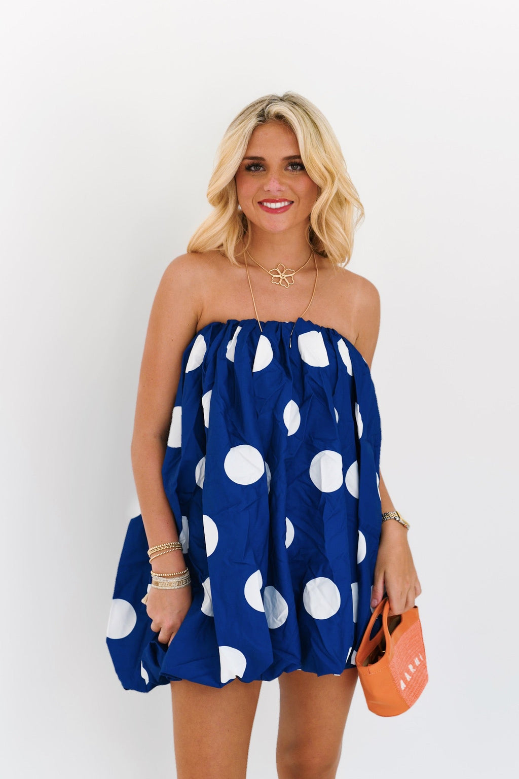Darcy Mini Bubble Dress - Navy Polka Dots